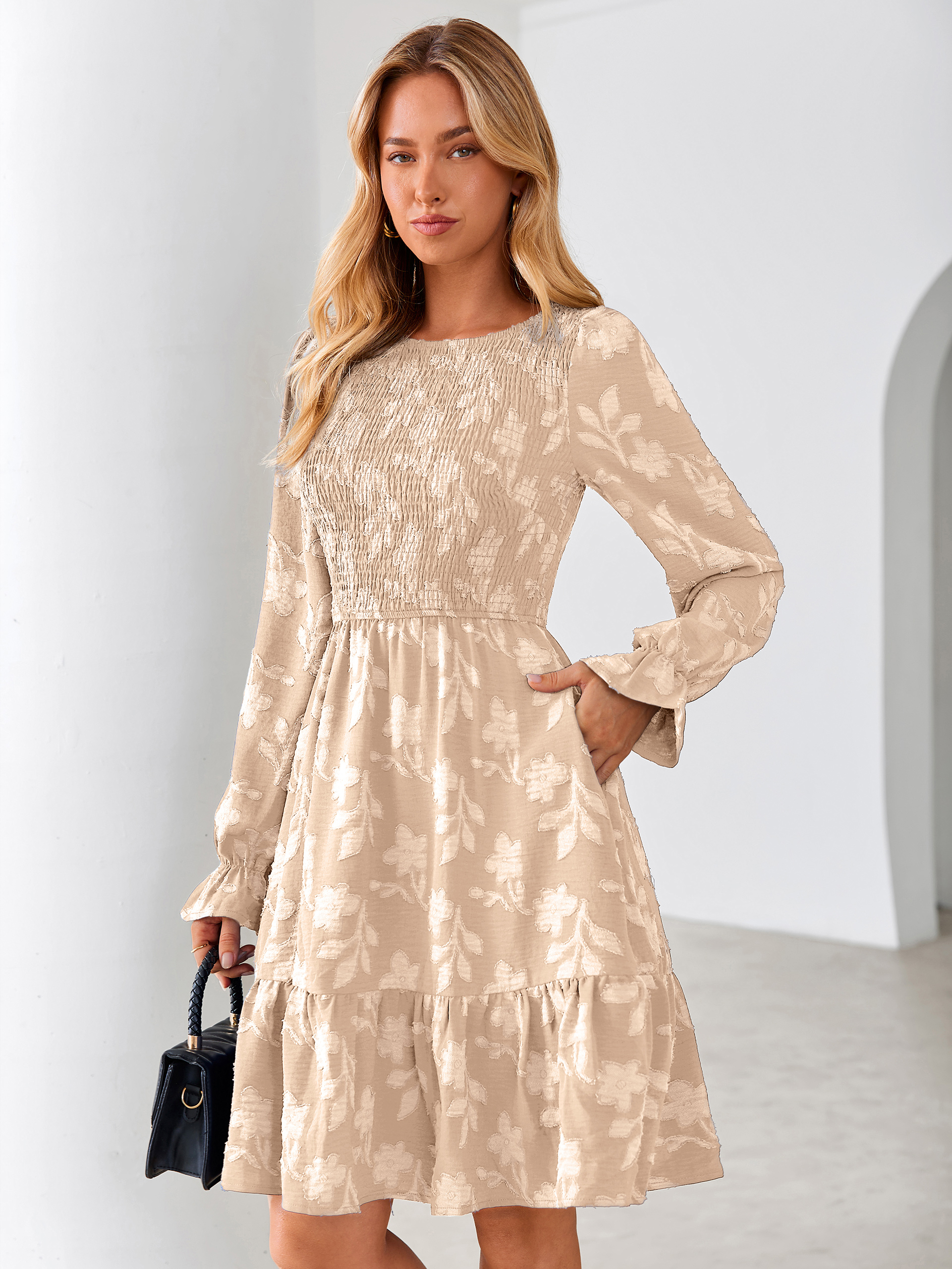 Burnout Leaf Smocked Bodice Long Sleeve Mini Dress - Beige