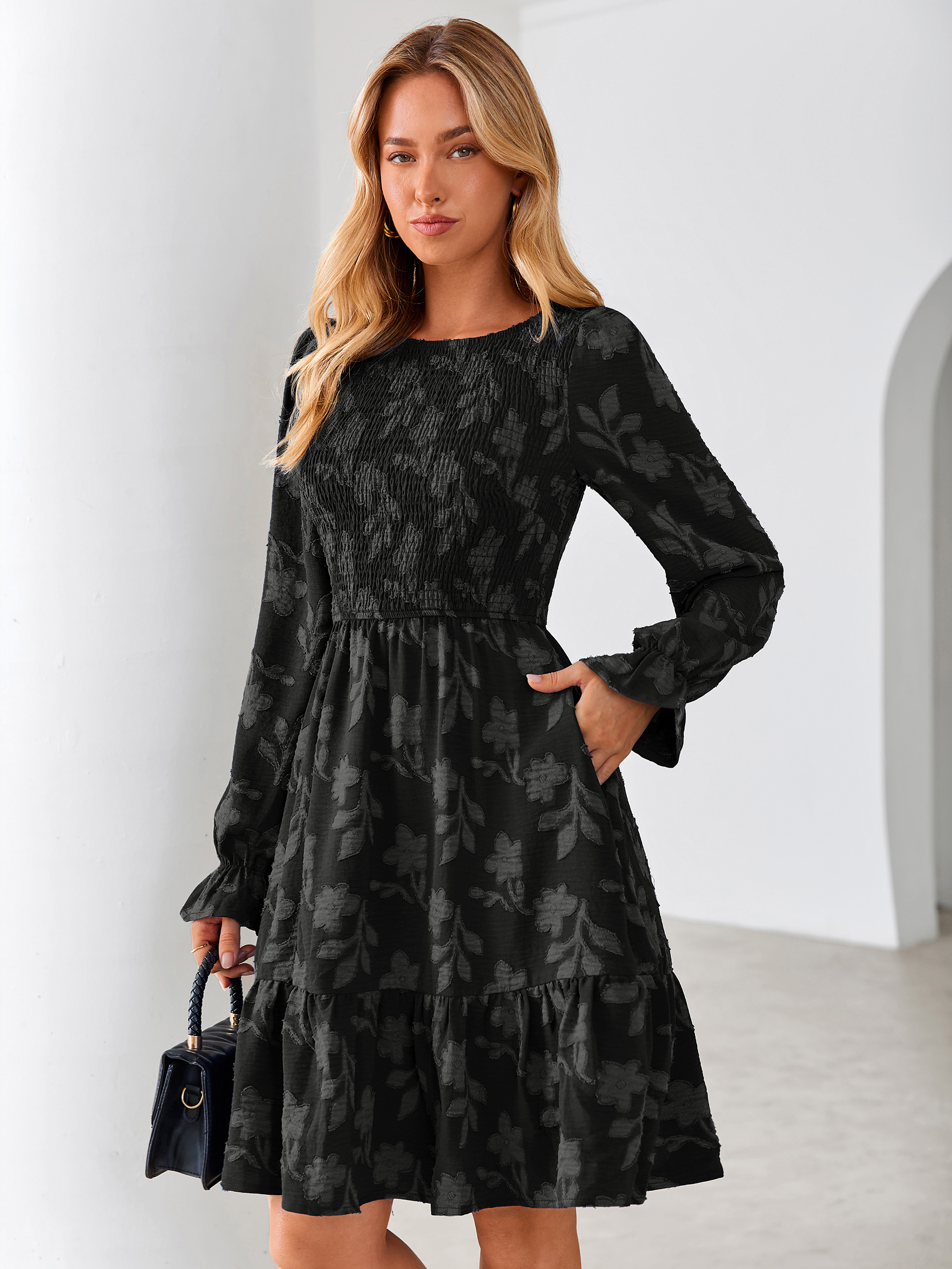Burnout Leaf Smocked Bodice Long Sleeve Mini Dress - Black