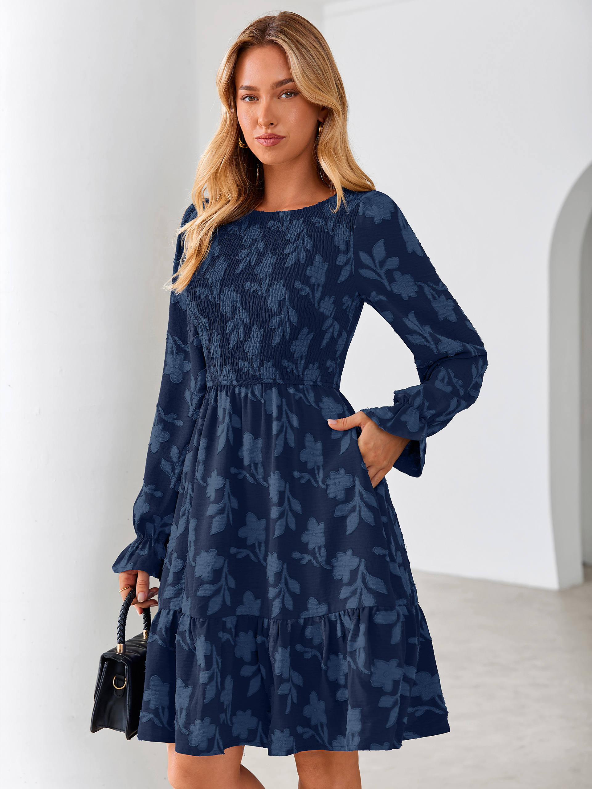Burnout Leaf Smocked Bodice Long Sleeve Mini Dress - Navy Blue