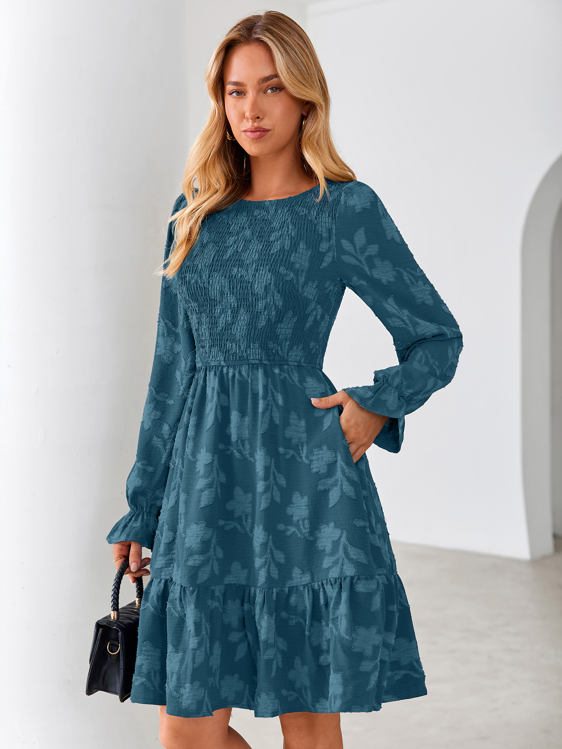 Burnout Leaf Smocked Bodice Long Sleeve Mini Dress - Ink Blue
