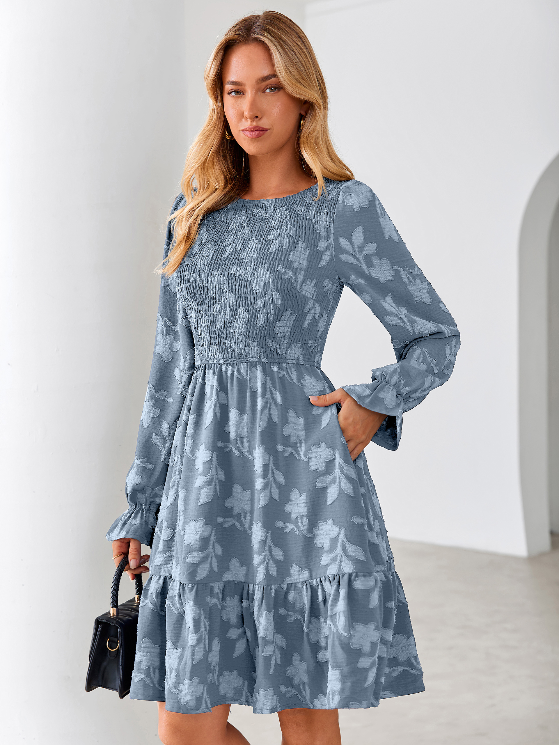 Burnout Leaf Smocked Bodice Long Sleeve Mini Dress - Grey Blue