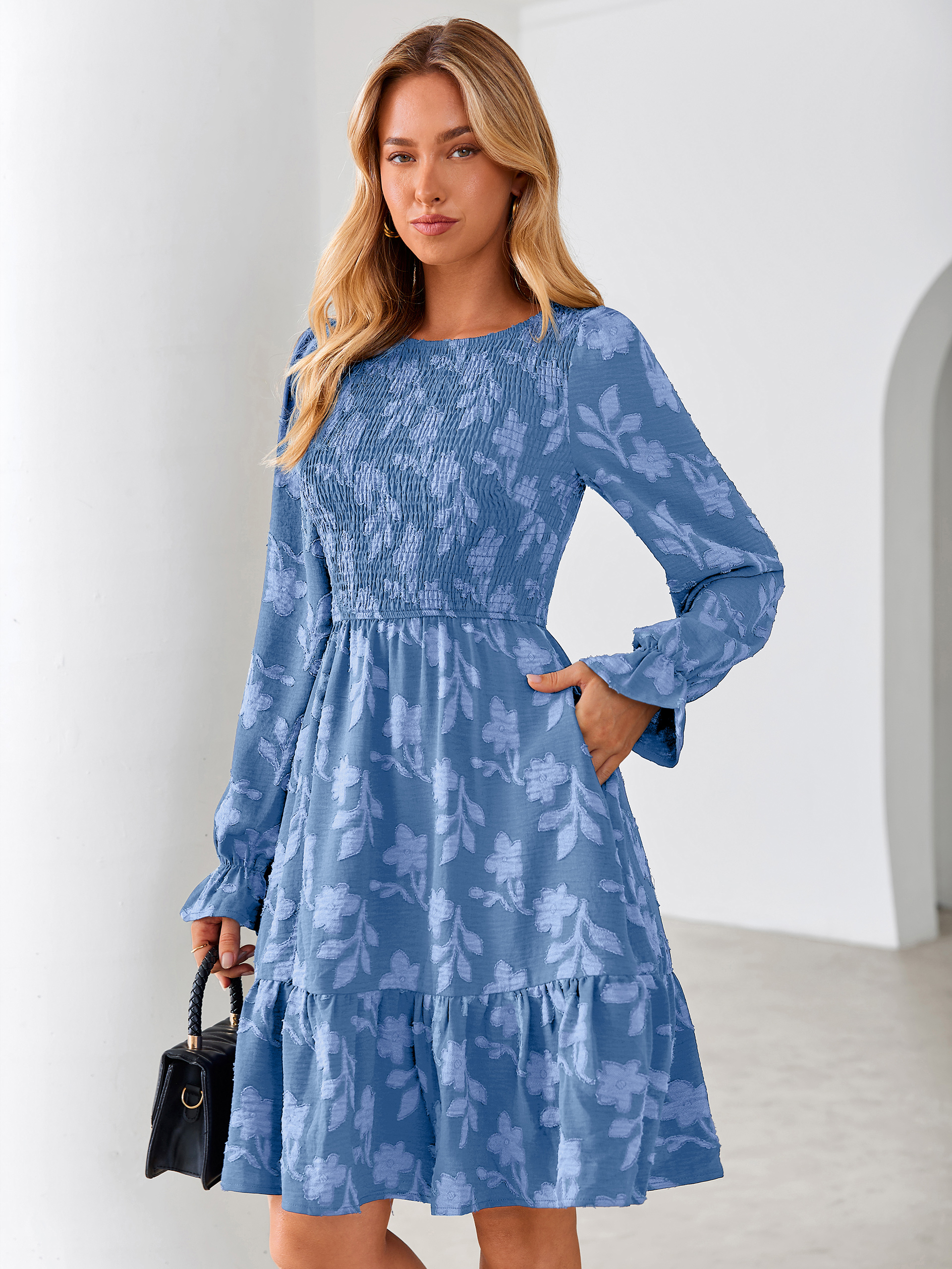 Burnout Leaf Smocked Bodice Long Sleeve Mini Dress - Blue