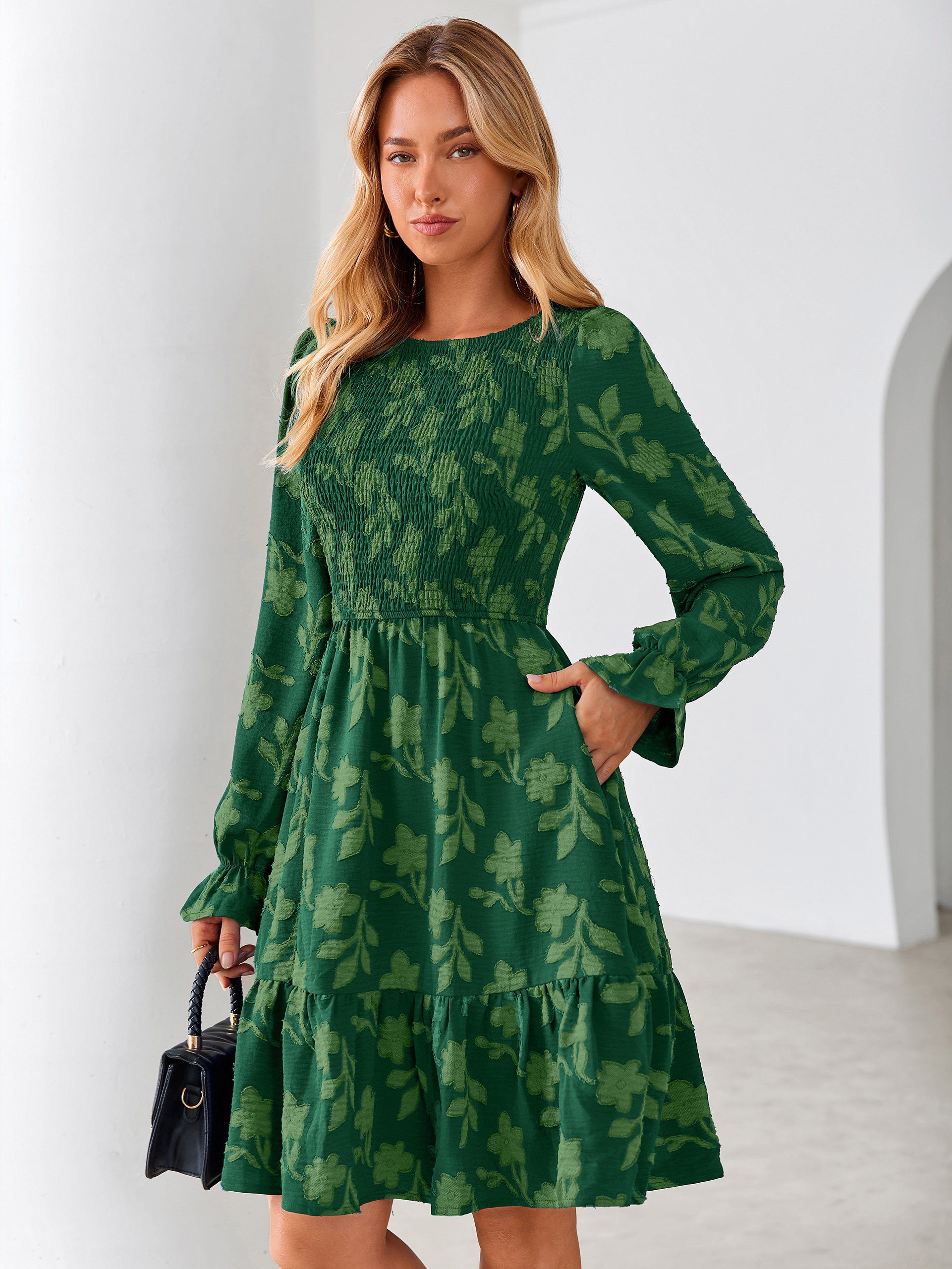 Burnout Leaf Smocked Bodice Long Sleeve Mini Dress - Drak Green