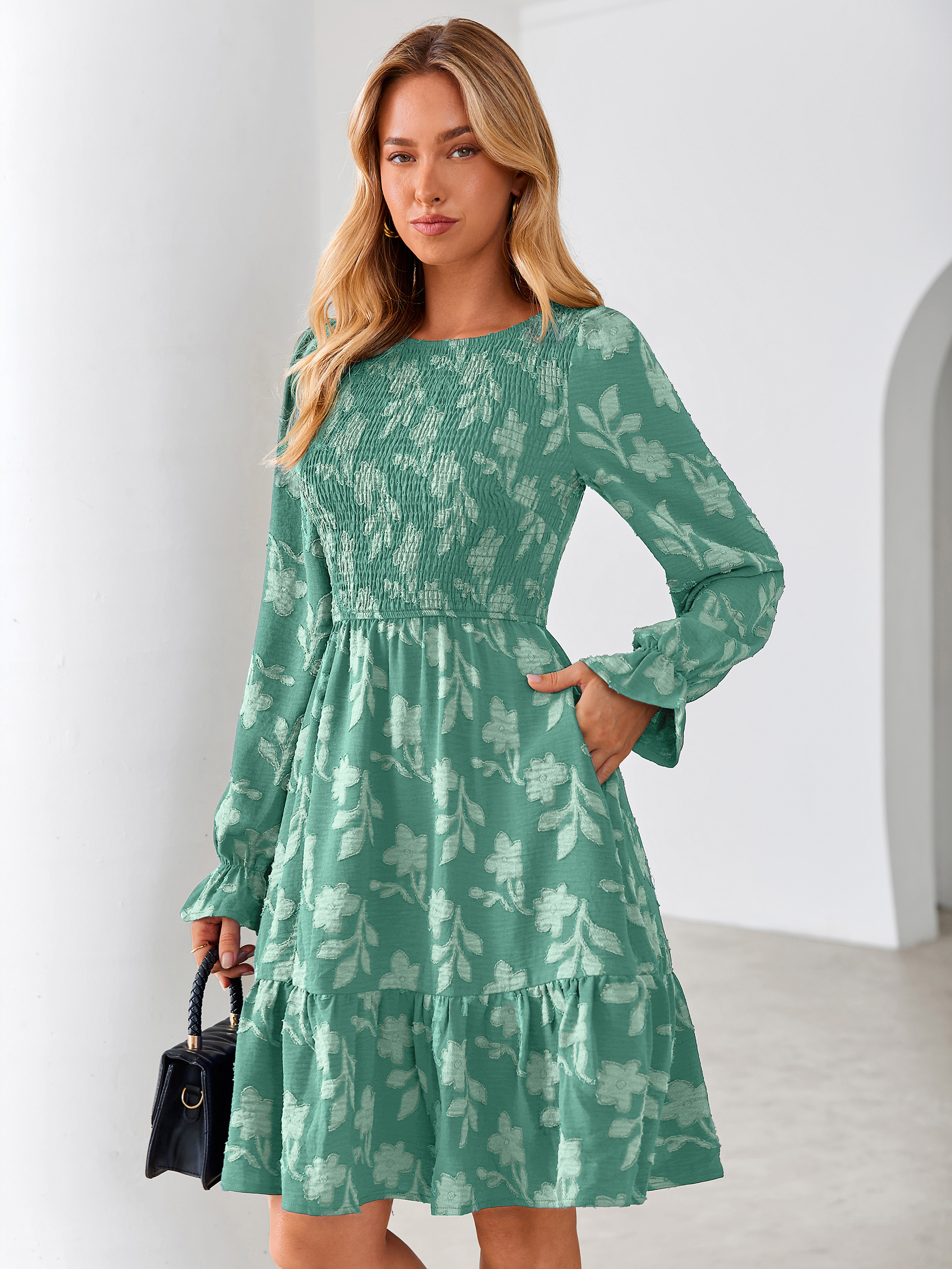 Burnout Leaf Smocked Bodice Long Sleeve Mini Dress - Teal