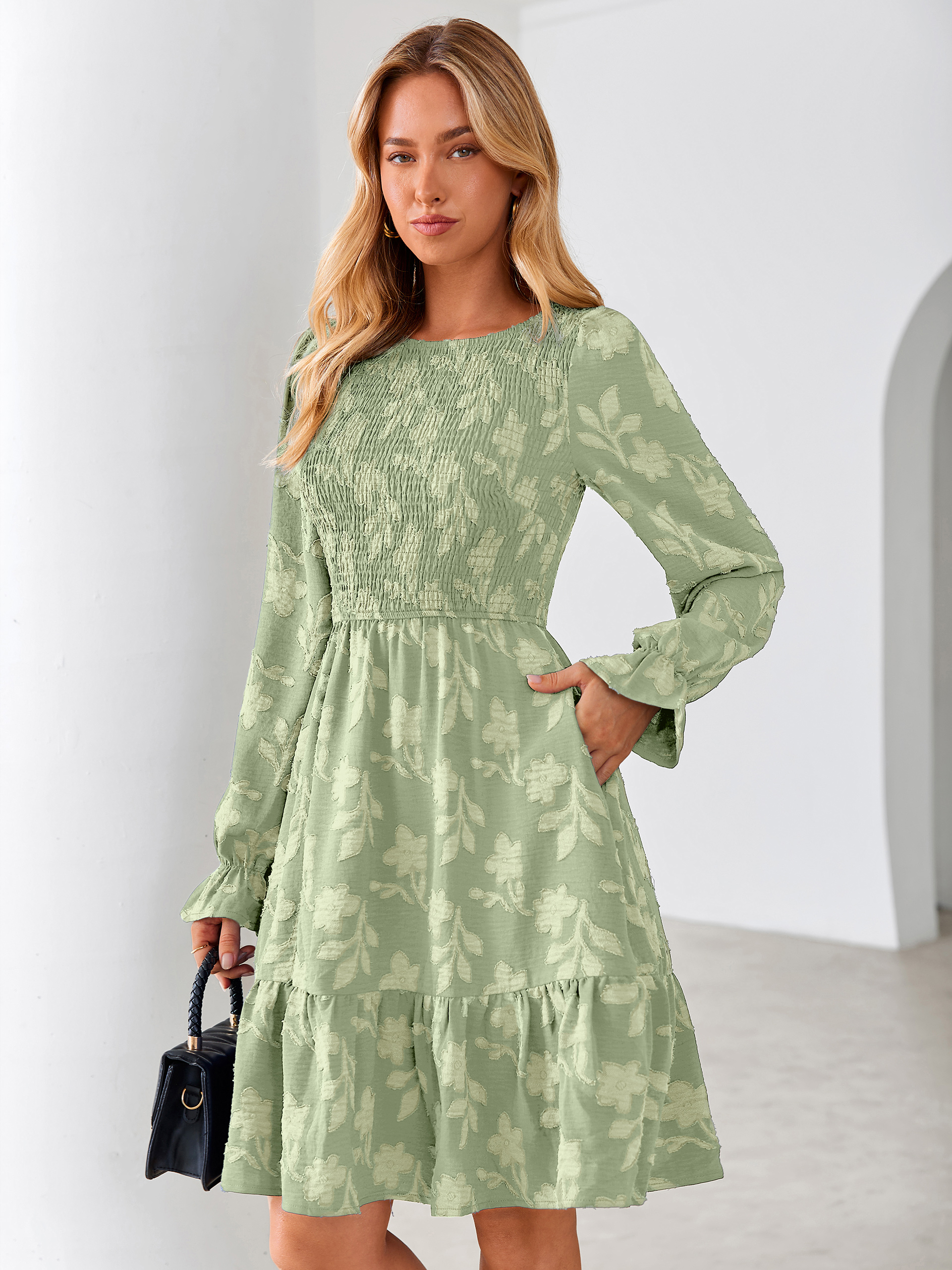 Burnout Leaf Smocked Bodice Long Sleeve Mini Dress - Sage Green