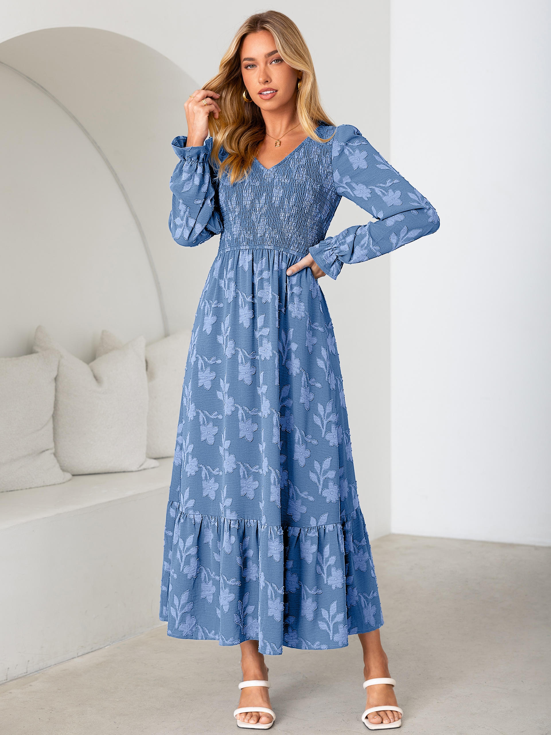 Floral Burnout Smocked V Neck Maxi Dress