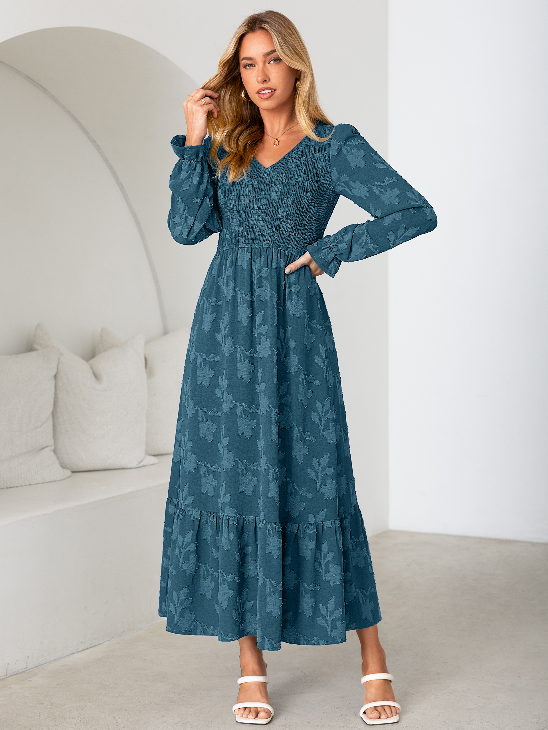Floral Burnout Smocked V Neck Maxi Dress