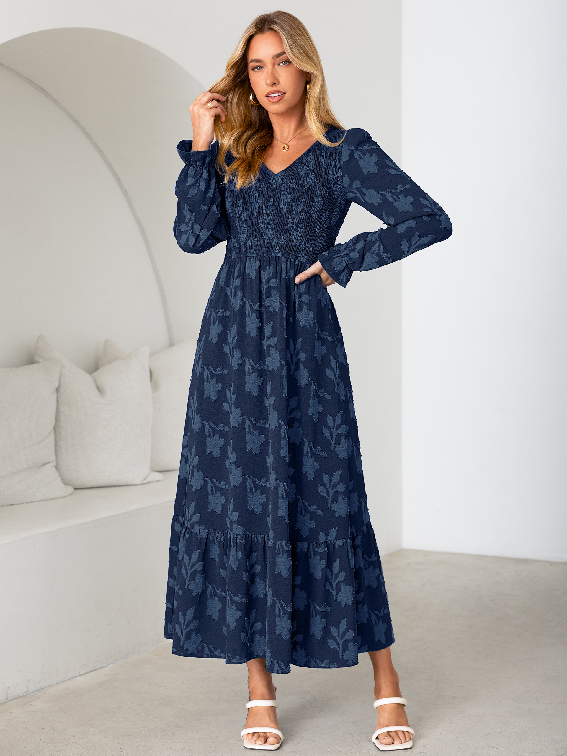 Floral Burnout Smocked V Neck Maxi Dress