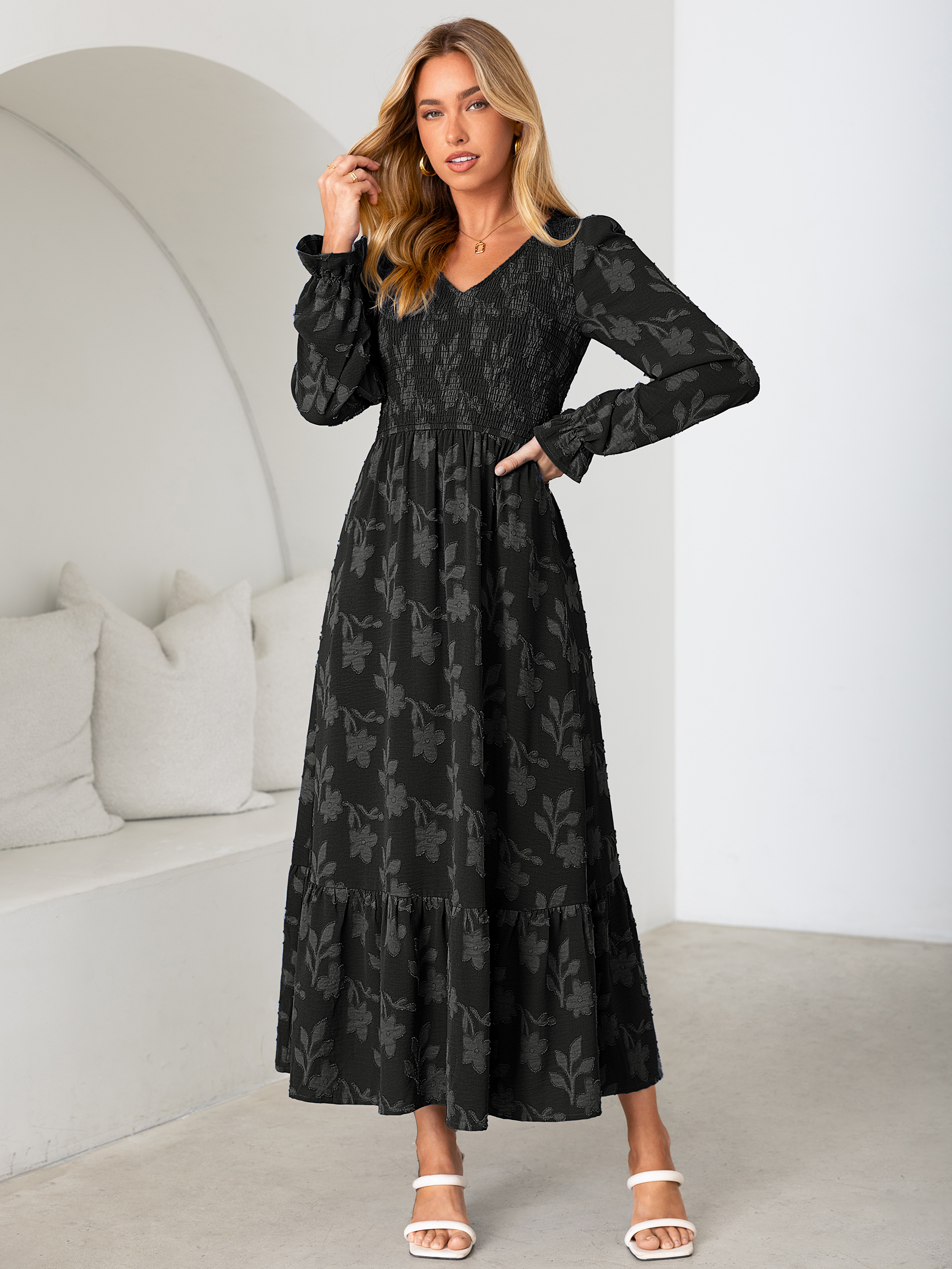 Floral Burnout Smocked V Neck Maxi Dress