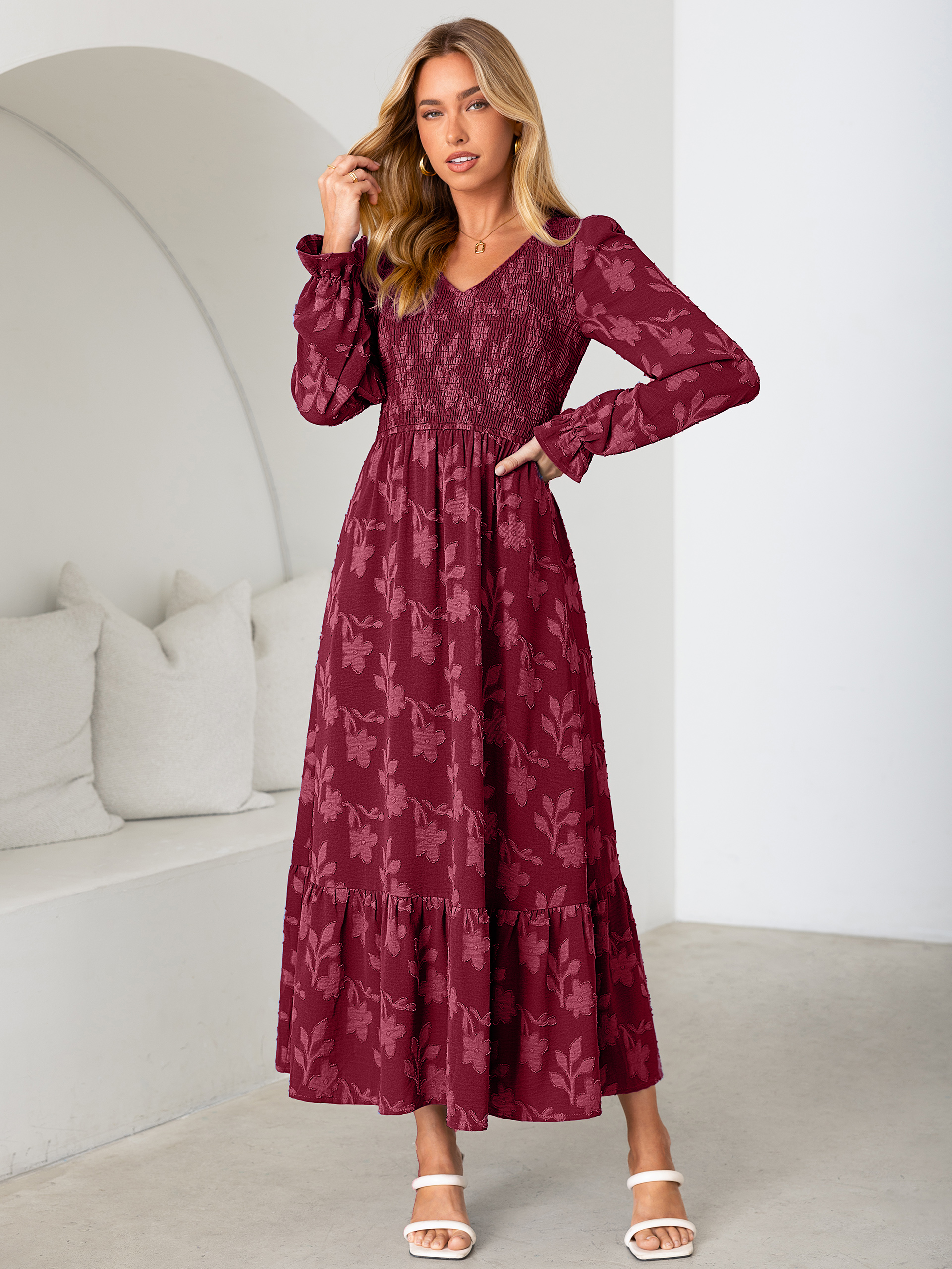 Floral Burnout Smocked V Neck Maxi Dress