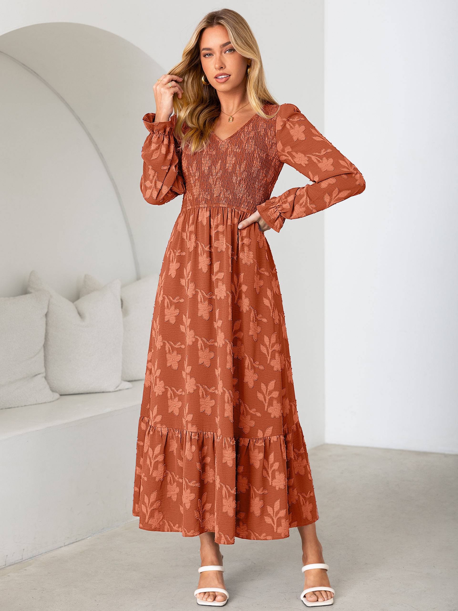 Floral Burnout Smocked V Neck Maxi Dress