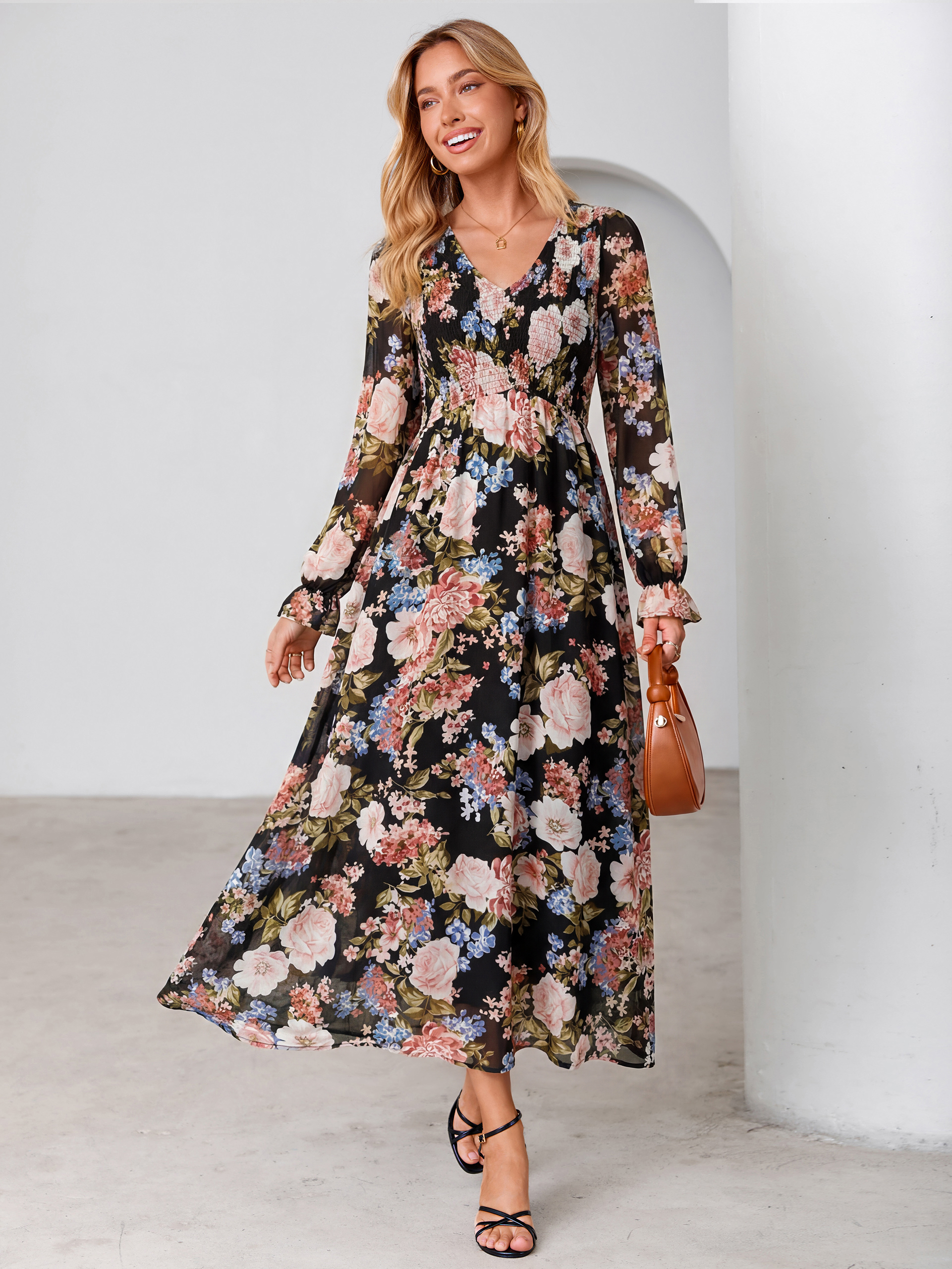 Floral Chiffon Smocked V Neck Maxi Dress
