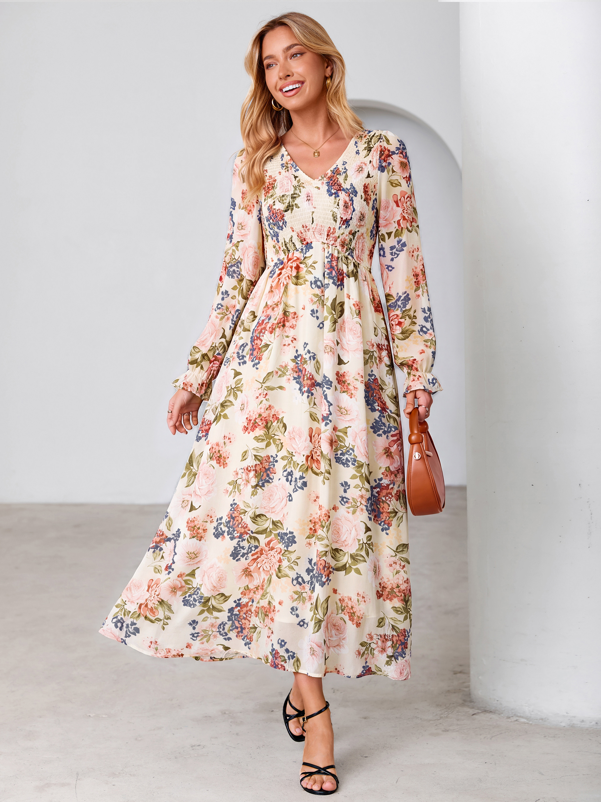 Floral Chiffon Smocked V Neck Maxi Dress