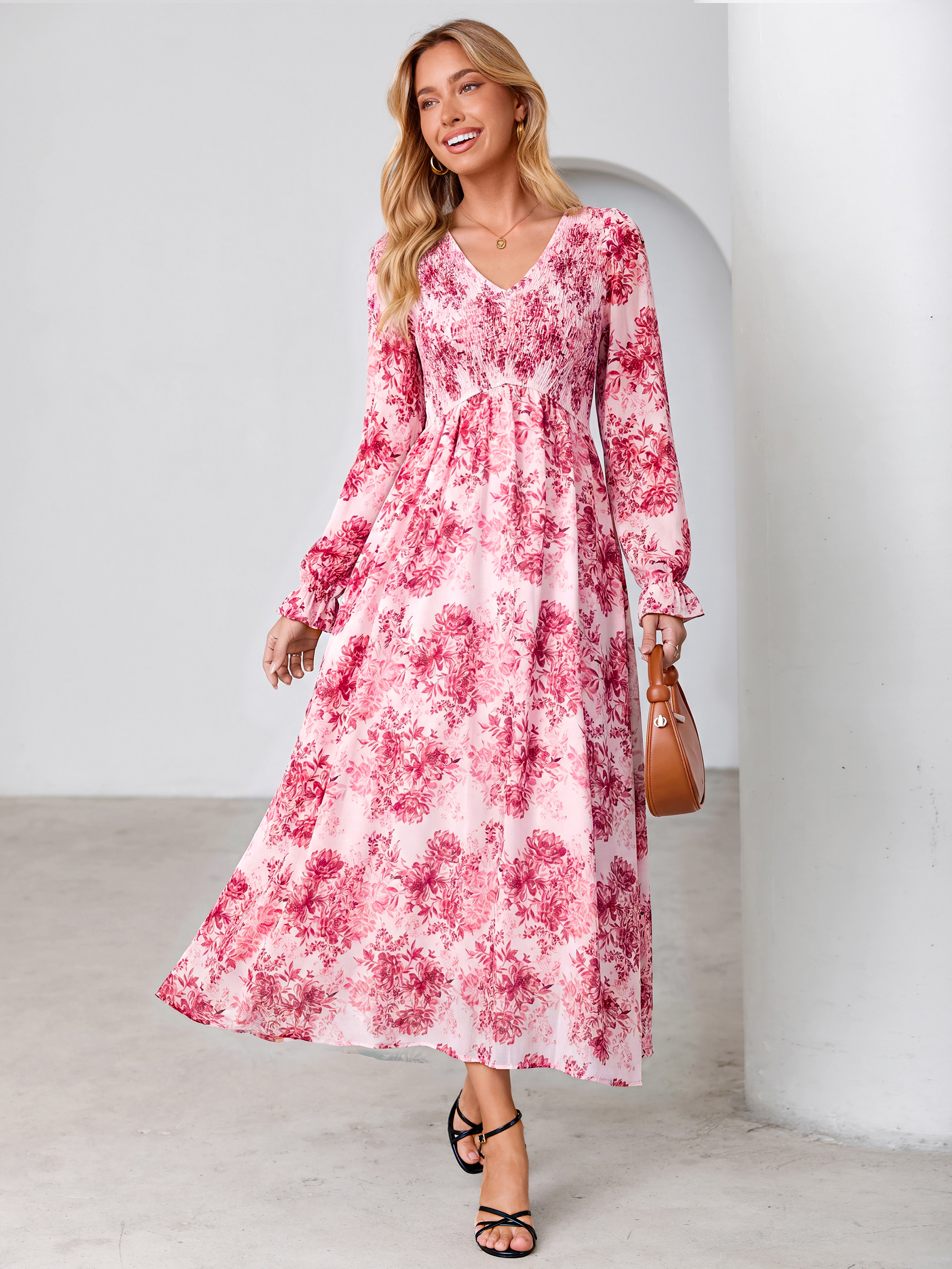 Floral Chiffon Smocked V Neck Maxi Dress