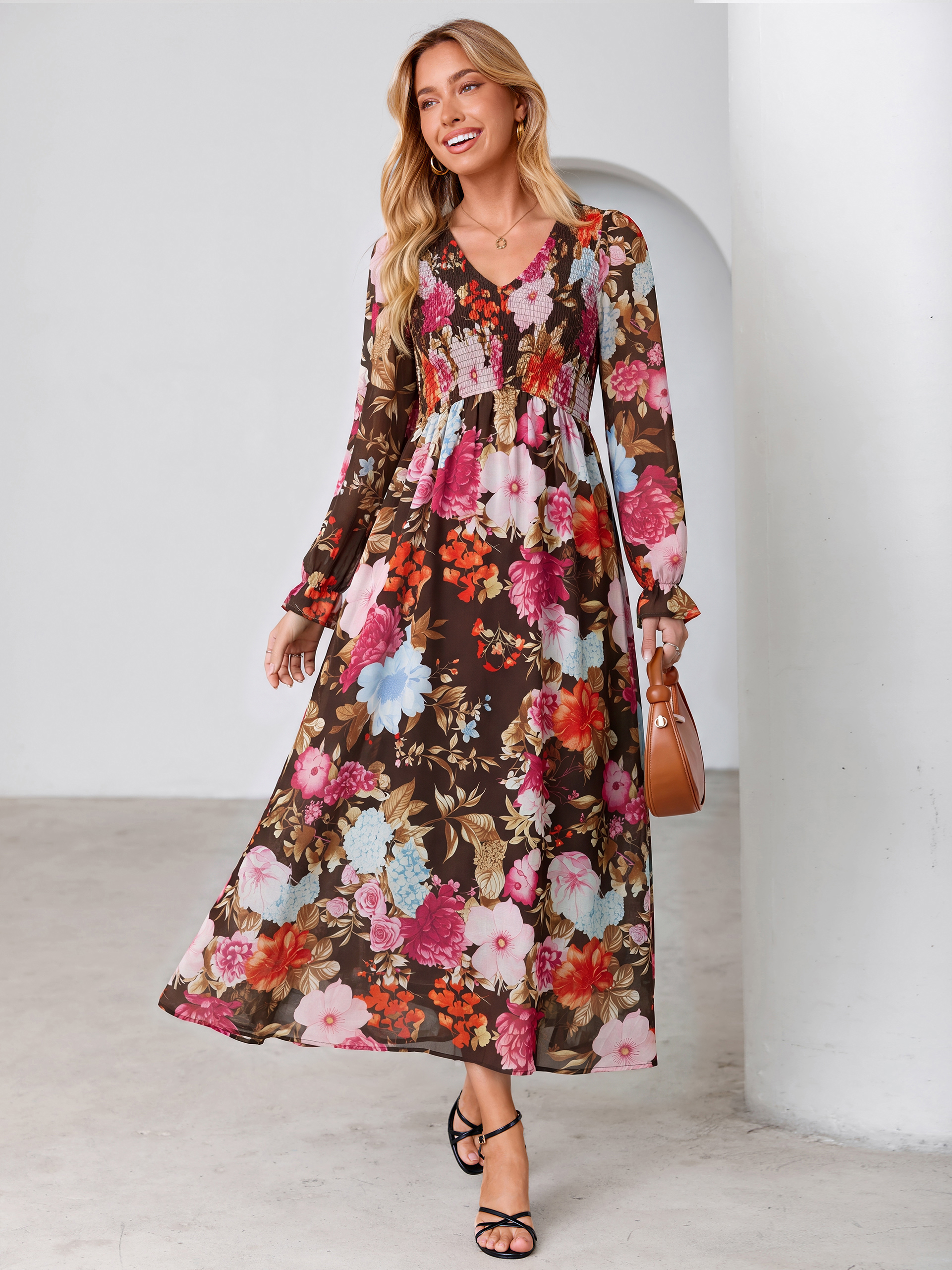 Floral Chiffon Smocked V Neck Maxi Dress