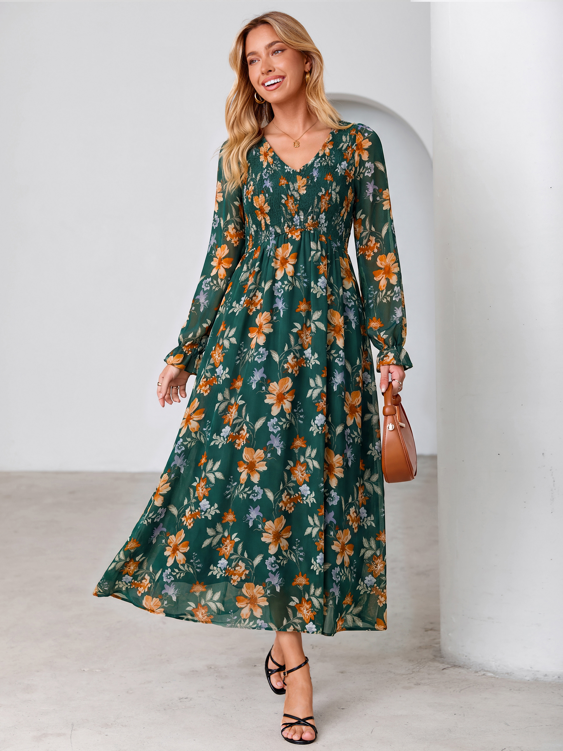 Floral Chiffon Smocked V Neck Maxi Dress