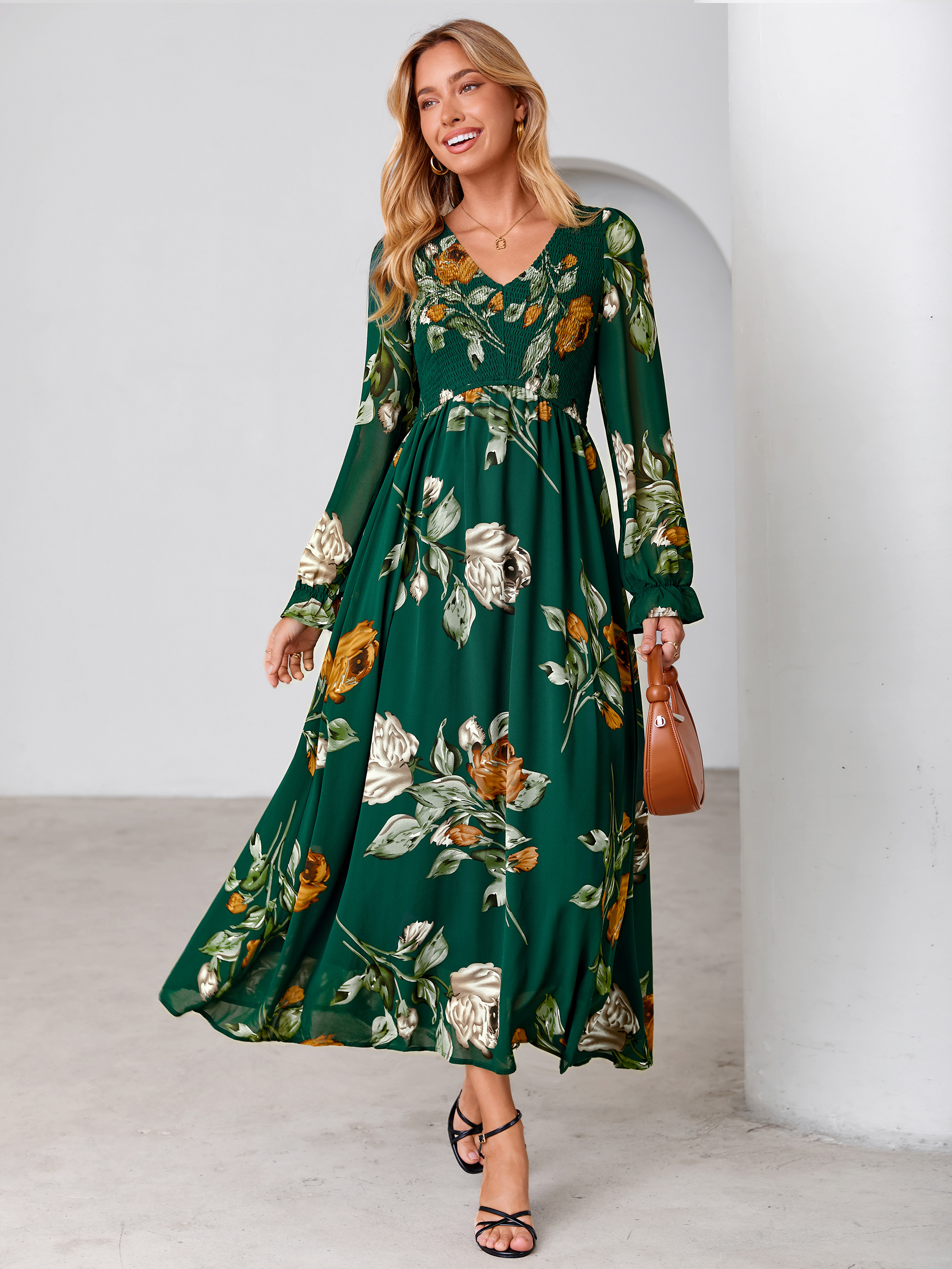 Floral Chiffon Smocked V Neck Maxi Dress