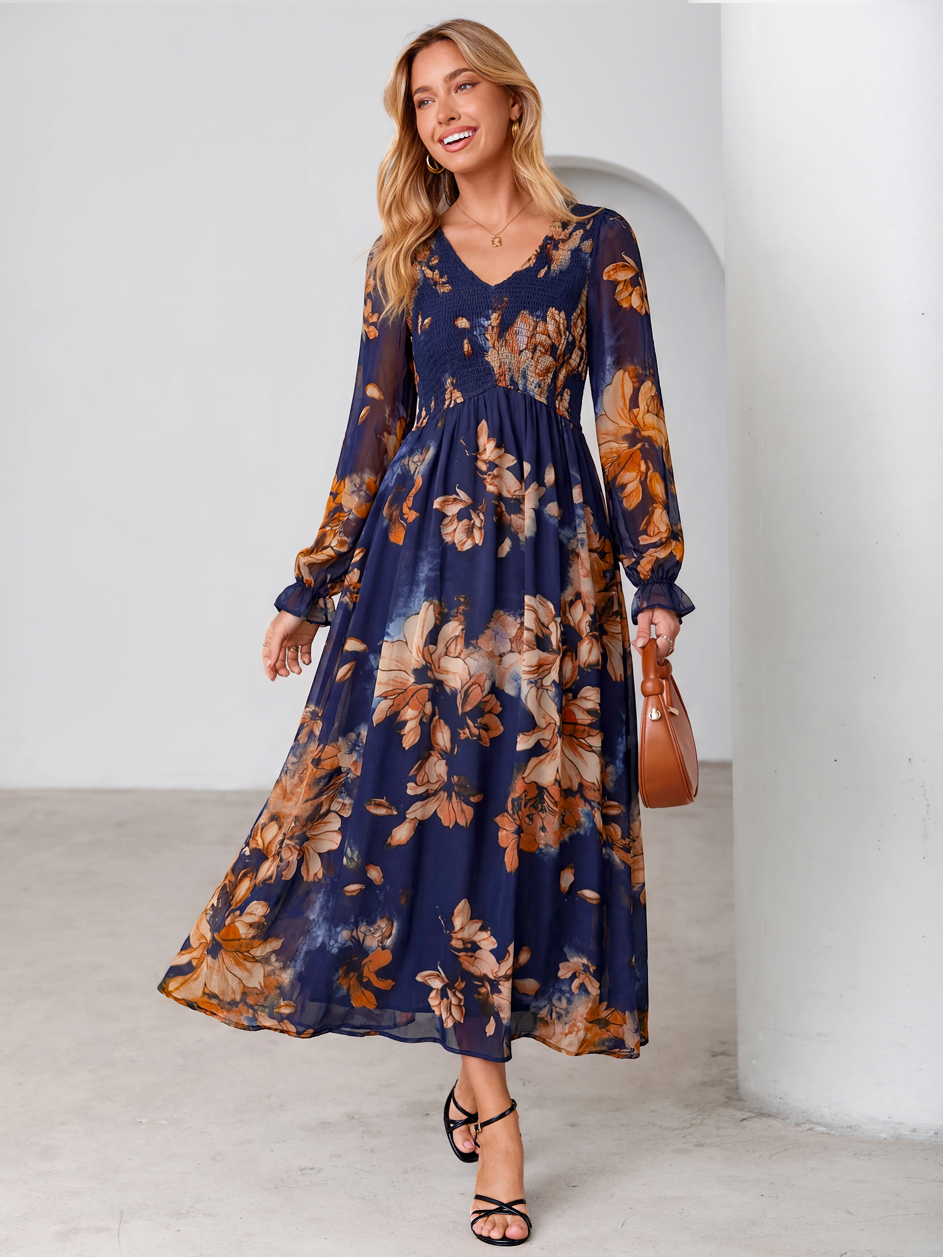Floral Chiffon Smocked V Neck Maxi Dress