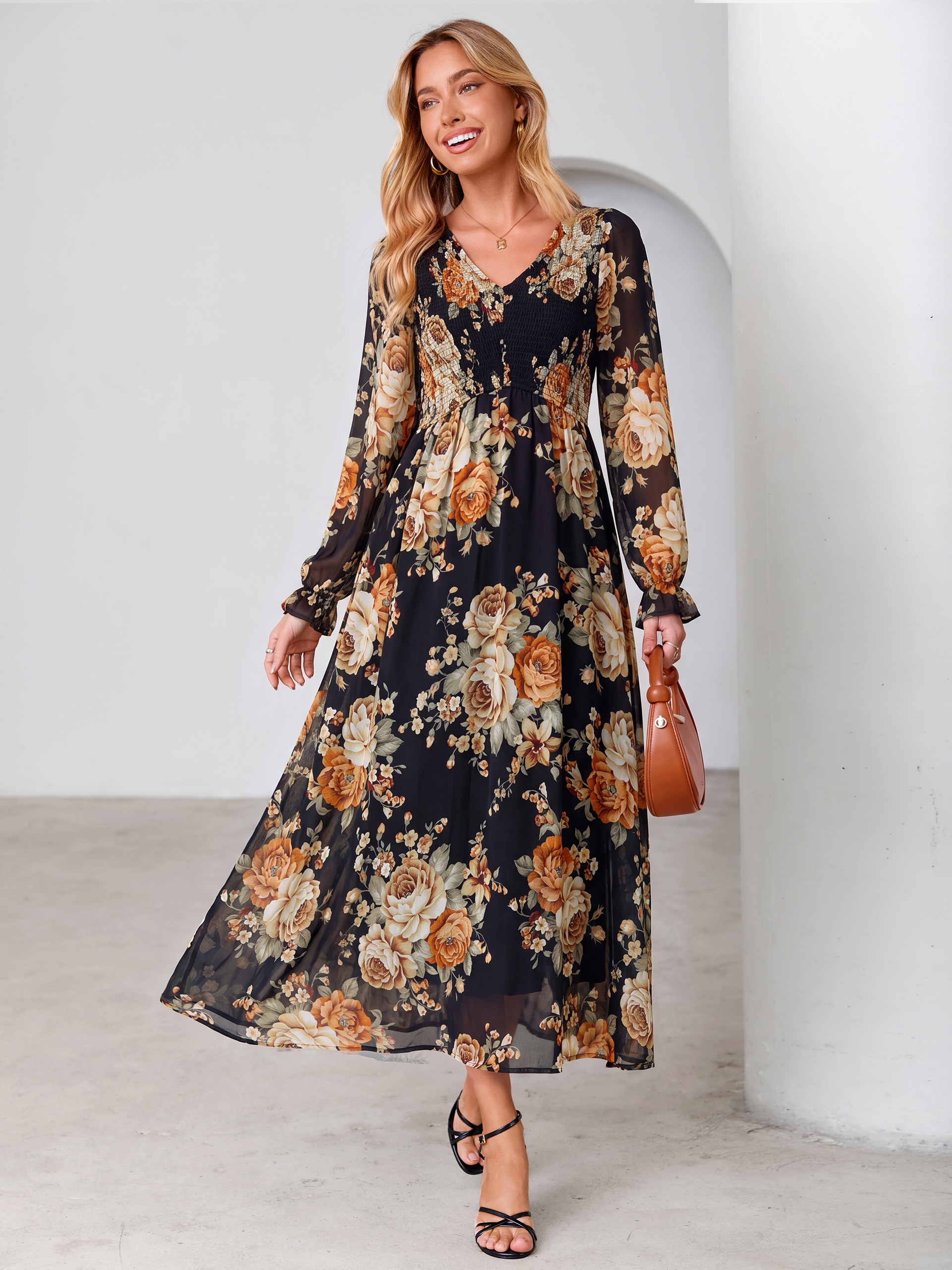 Floral Chiffon Smocked V Neck Maxi Dress