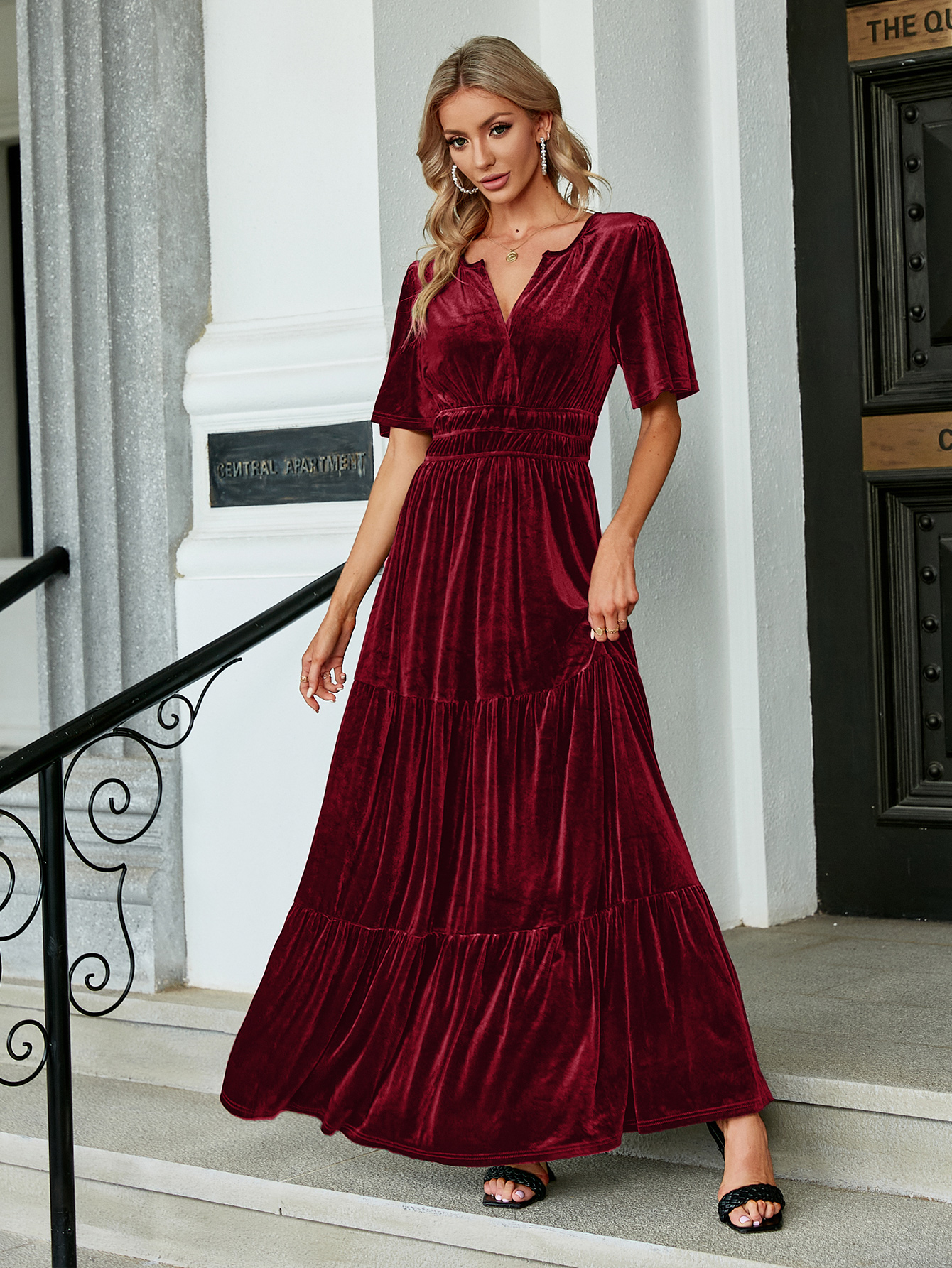 Velvet V-Neck Ruffle Tiered Wedding Guest Maxi Dress