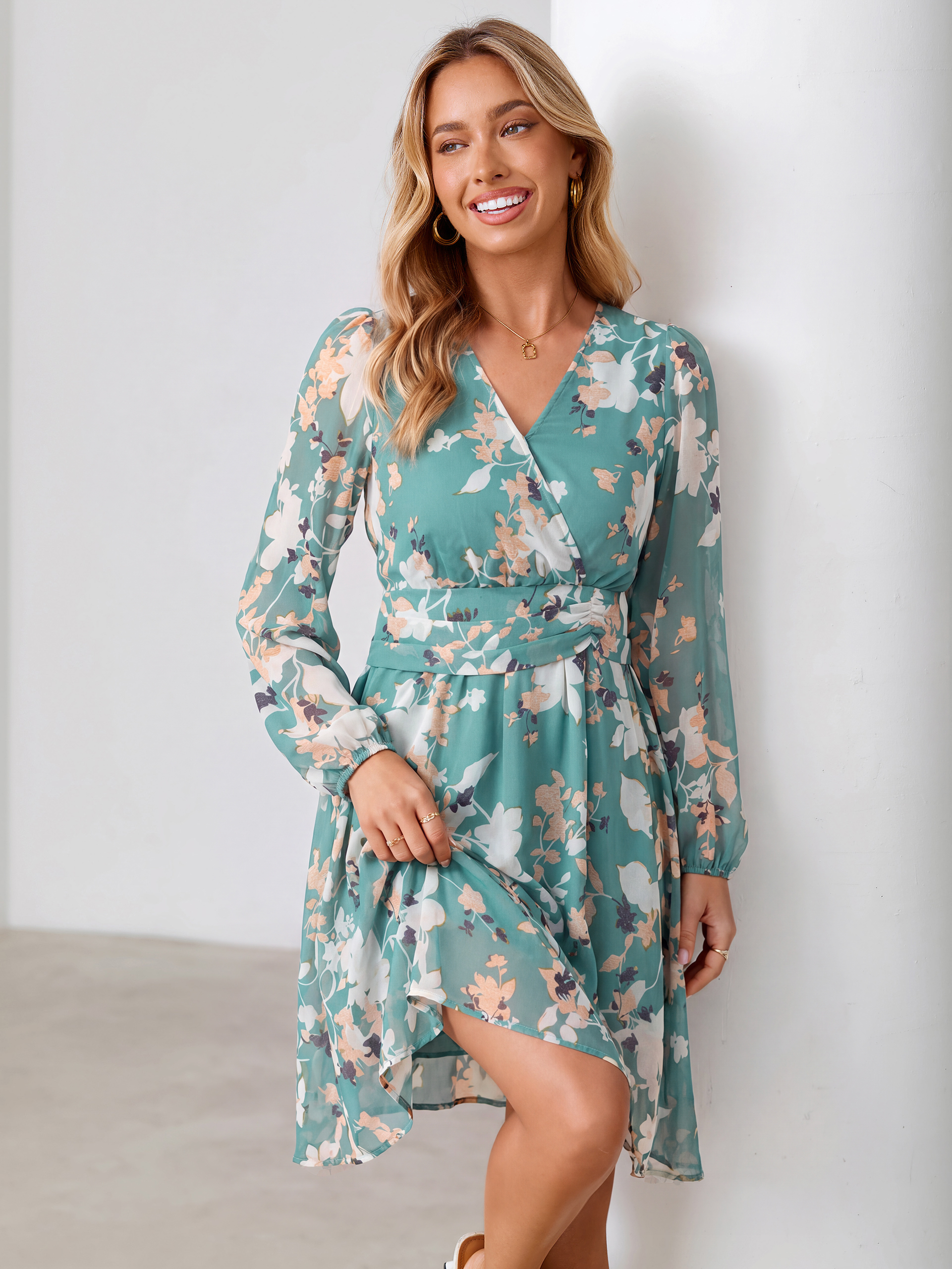 V Neck Floral Chiffon Long Sleeve Mini Dress