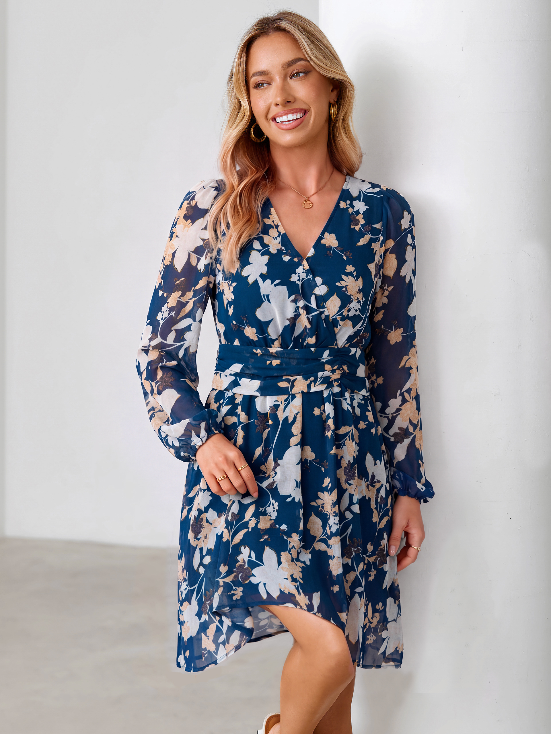 V Neck Floral Chiffon Long Sleeve Mini Dress