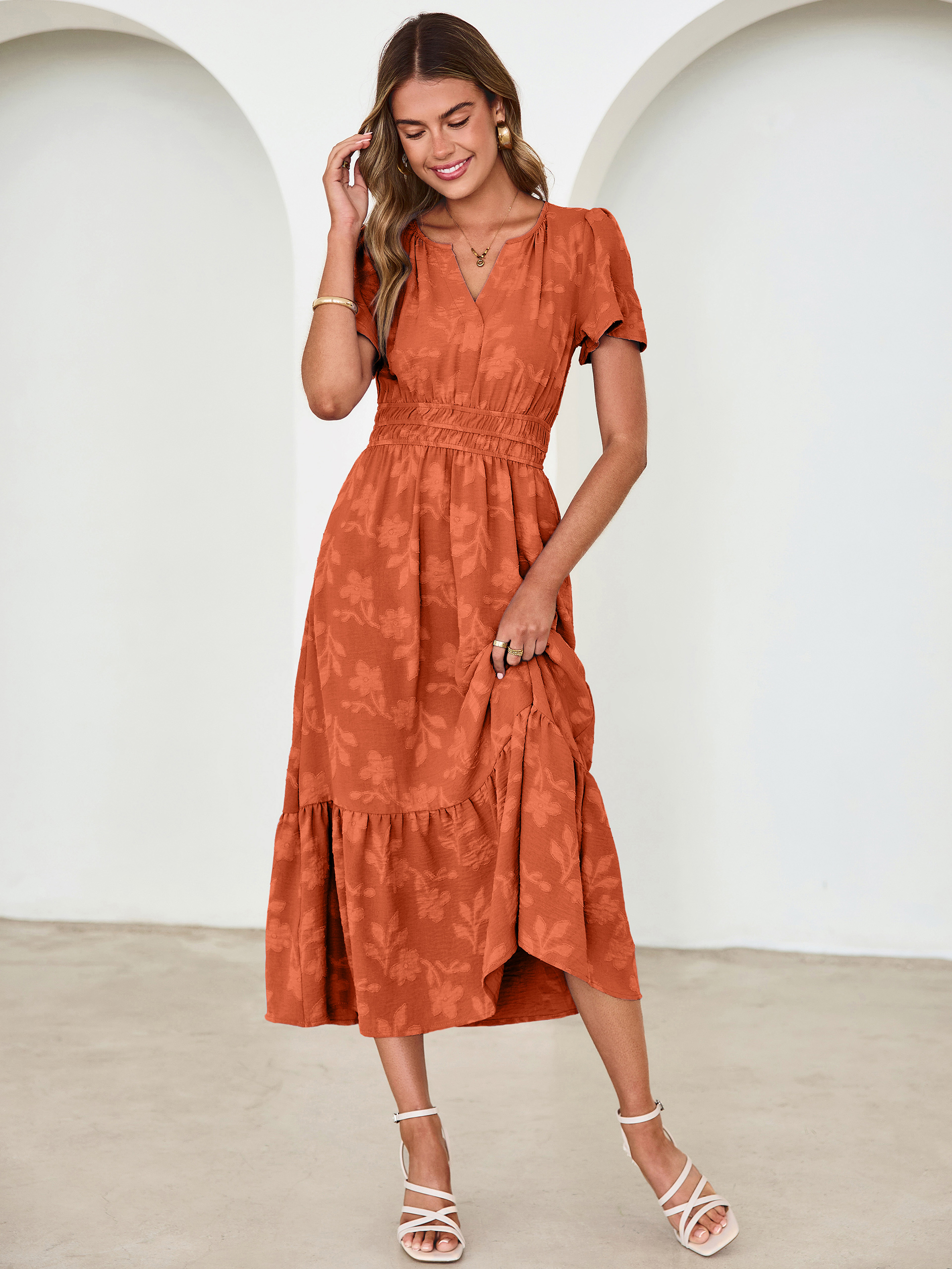 V Neck Burnout Floral Ruffle Maxi Dress