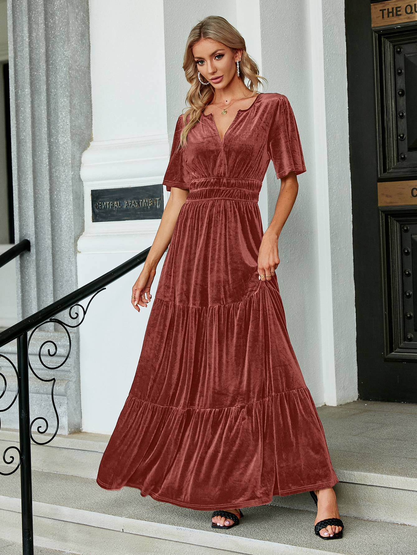Velvet V-Neck Ruffle Tiered Wedding Guest Maxi Dress