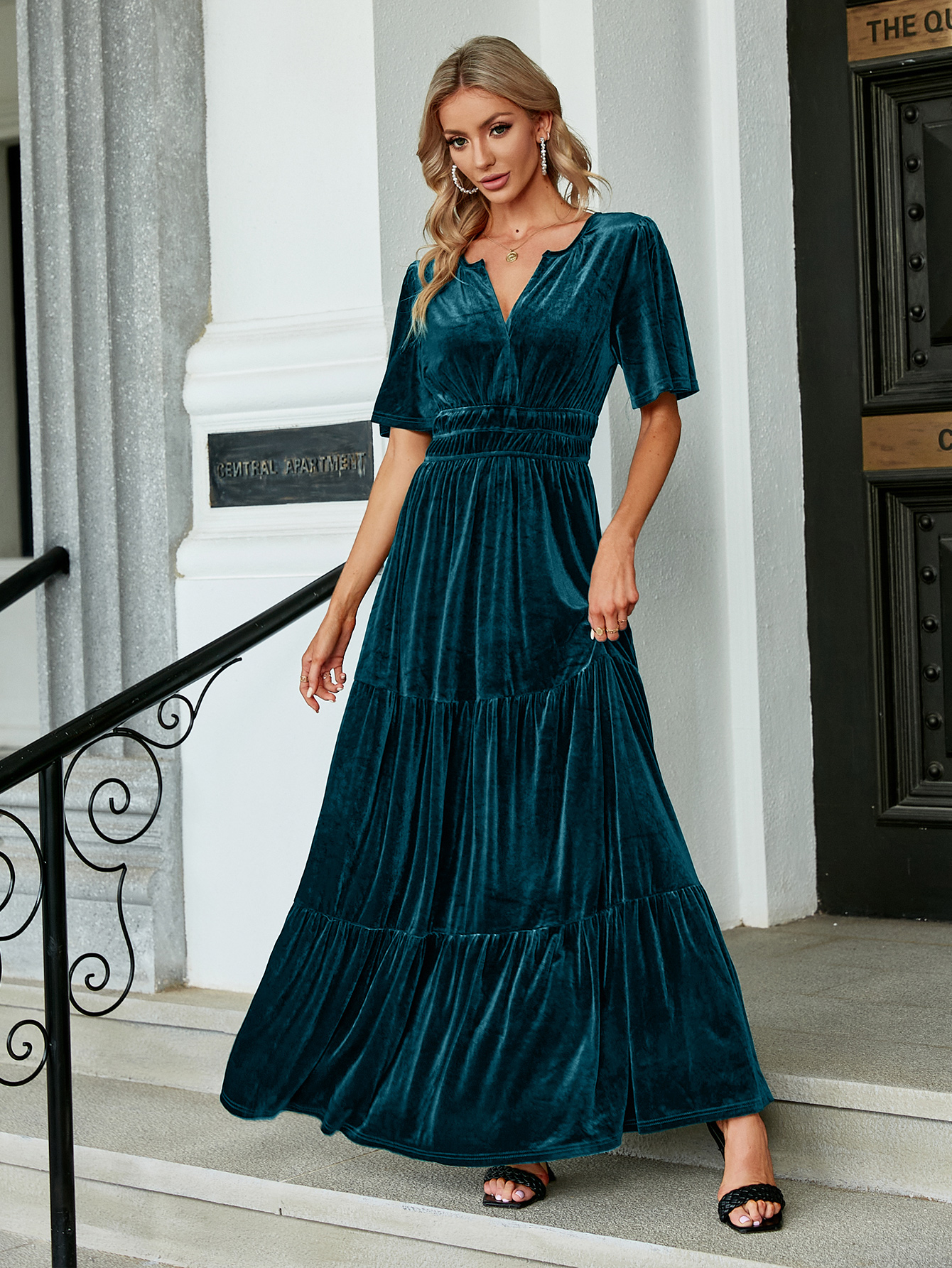 Velvet V-Neck Ruffle Tiered Wedding Guest Maxi Dress