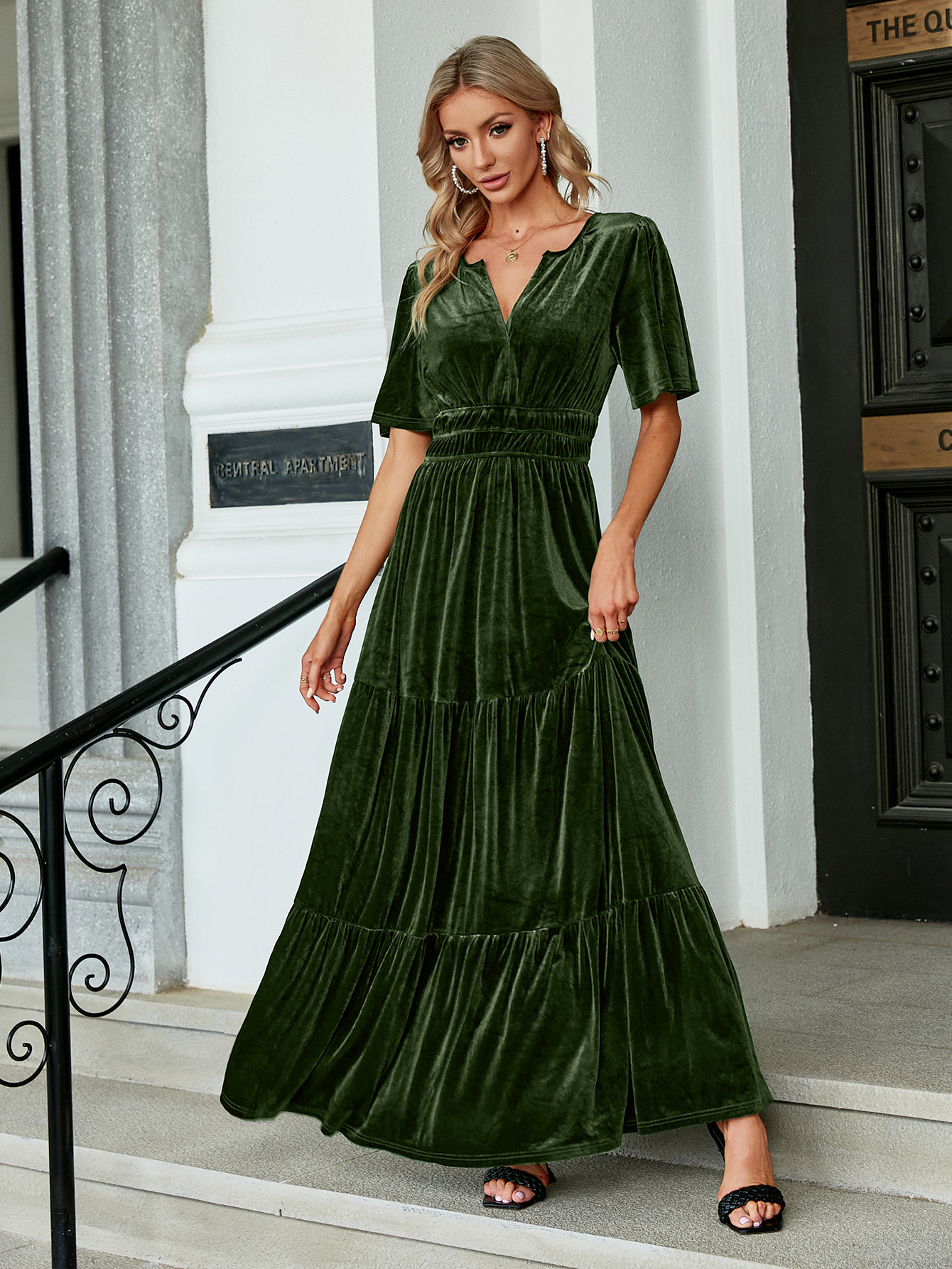 Velvet V-Neck Ruffle Tiered Wedding Guest Maxi Dress