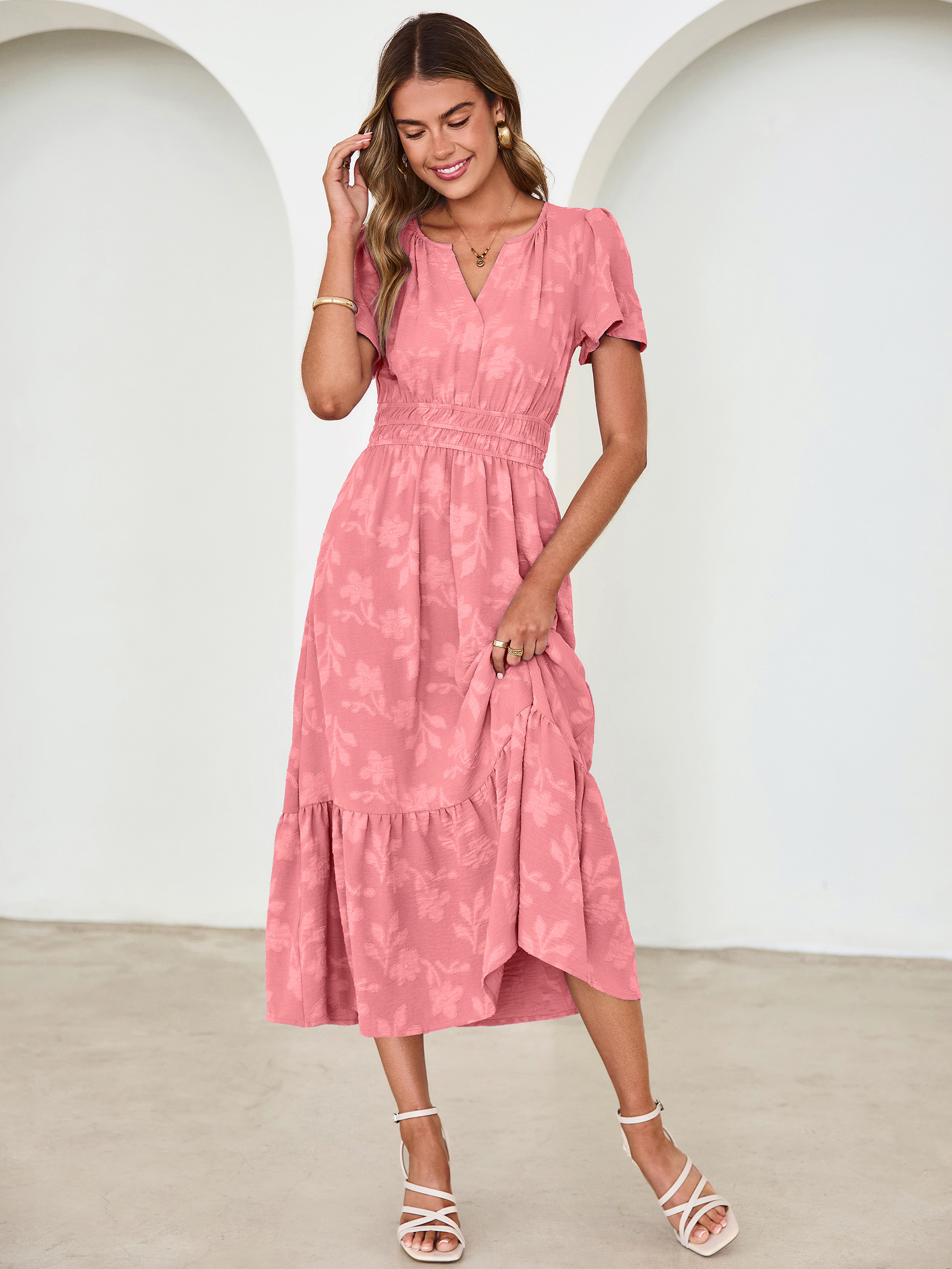 V Neck Burnout Floral Ruffle Maxi Dress