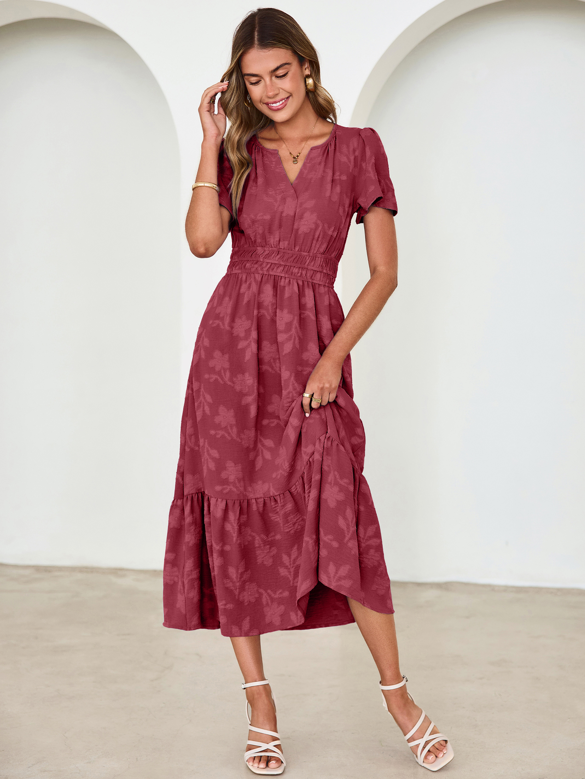 V Neck Burnout Floral Ruffle Maxi Dress