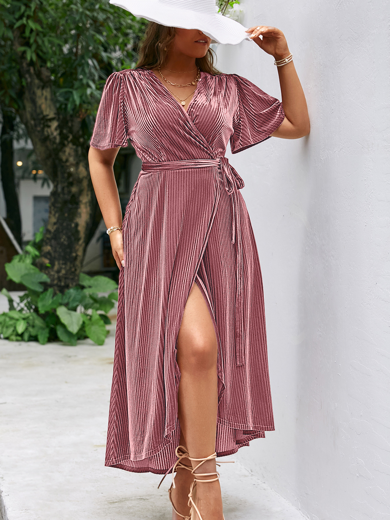 Plus Size Velvet V Neck Short Sleeve Wrap Maxi Dress