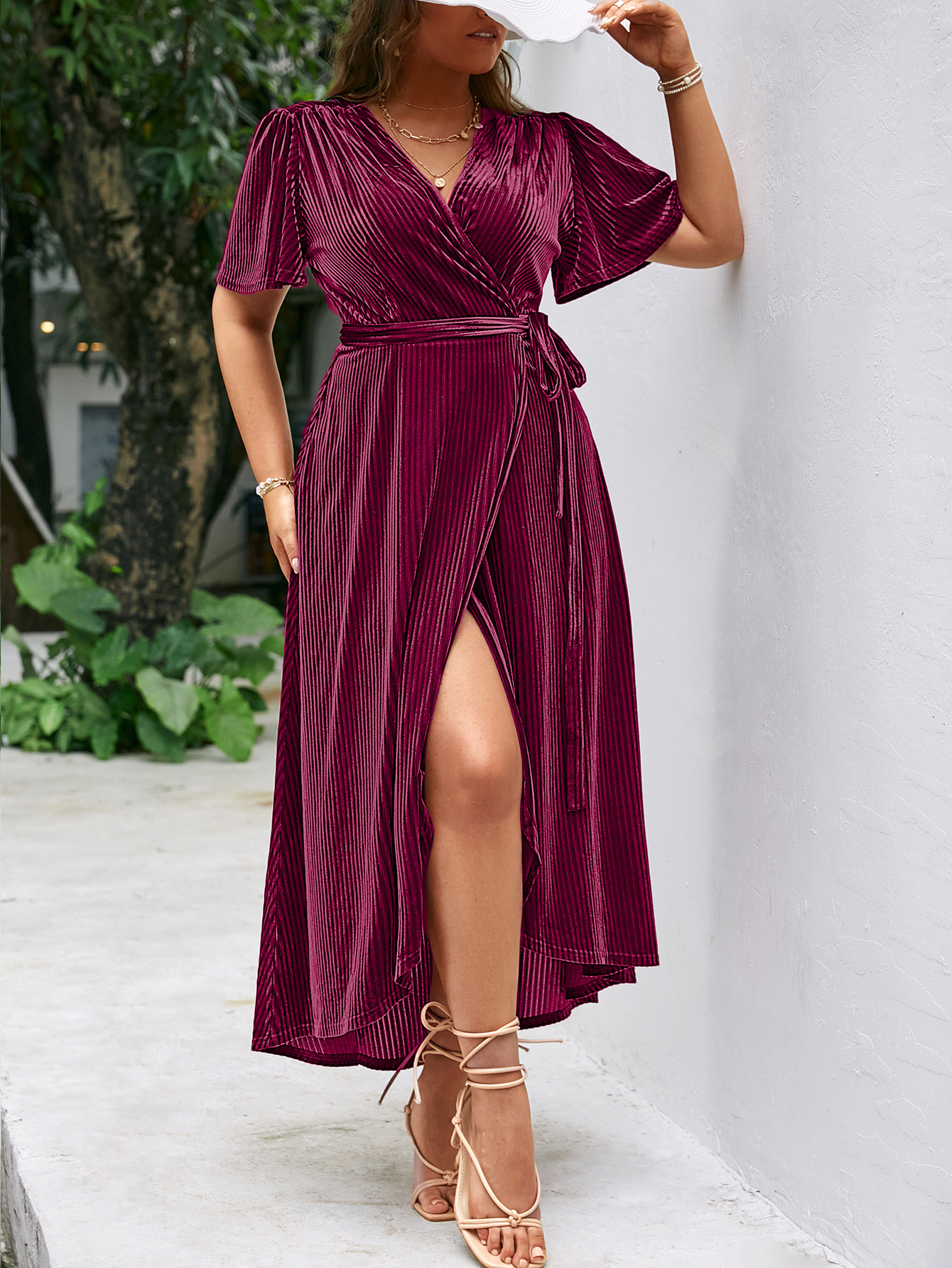 Plus Size Velvet V Neck Short Sleeve Wrap Maxi Dress