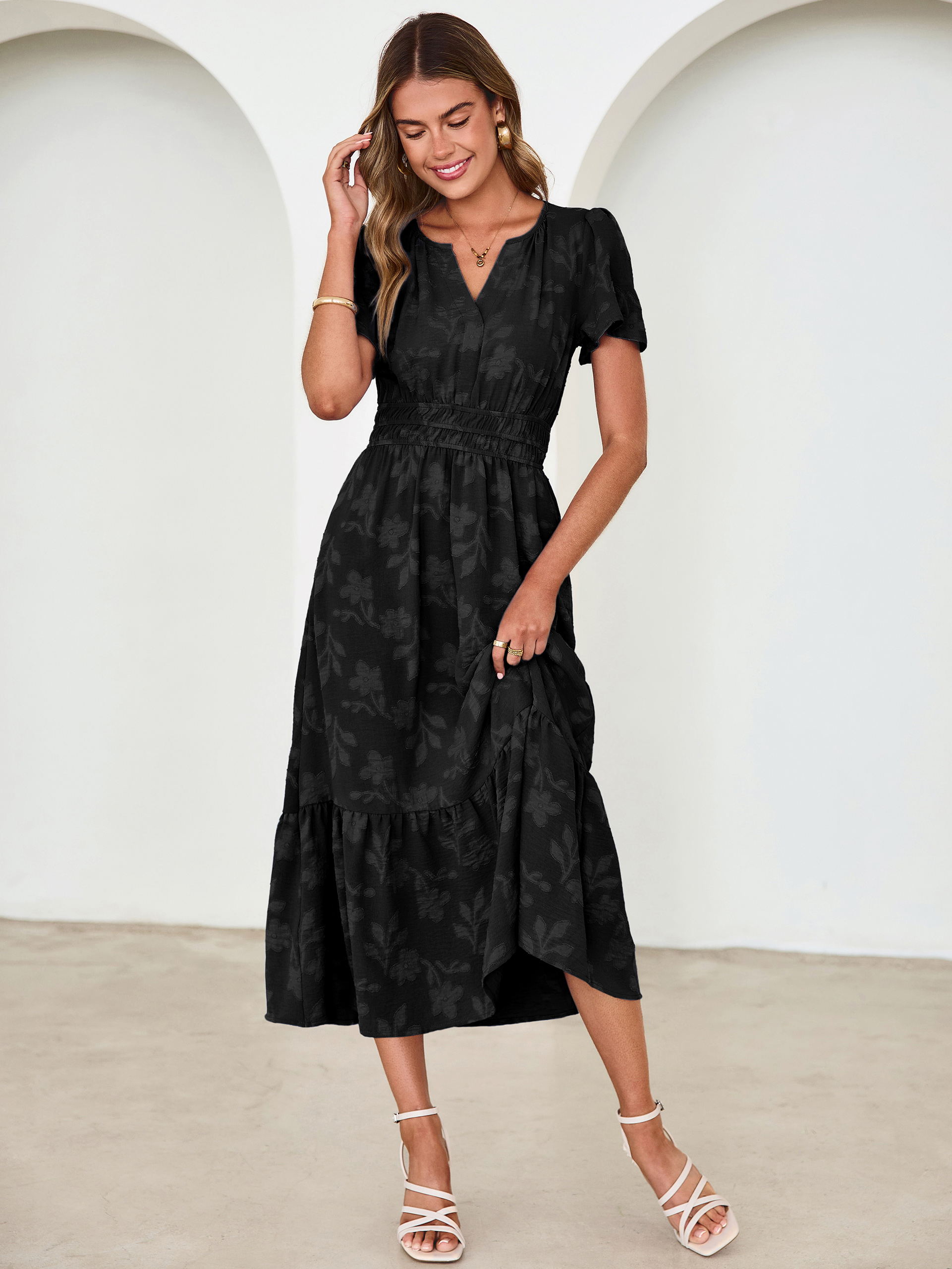 V Neck Burnout Floral Ruffle Maxi Dress - Black