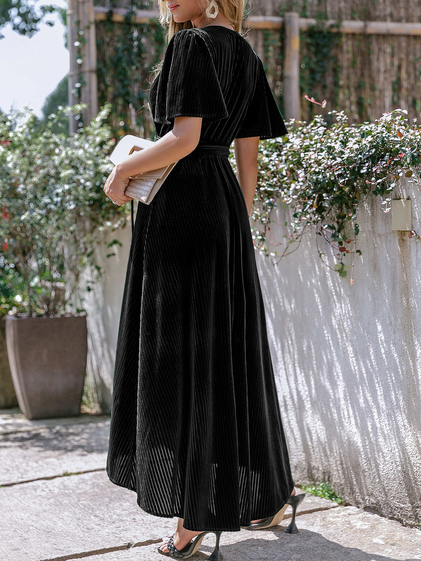 Velvet V-Neck Short Sleeve Belted Wrap Maxi Dress