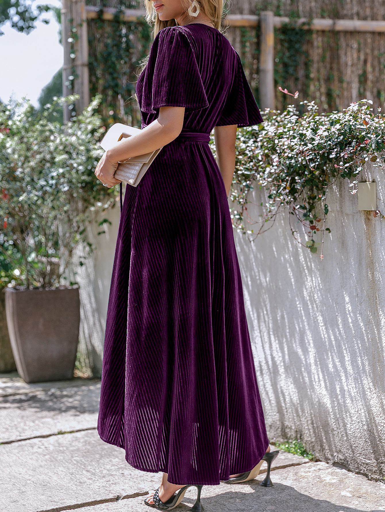 Velvet V-Neck Short Sleeve Belted Wrap Maxi Dress