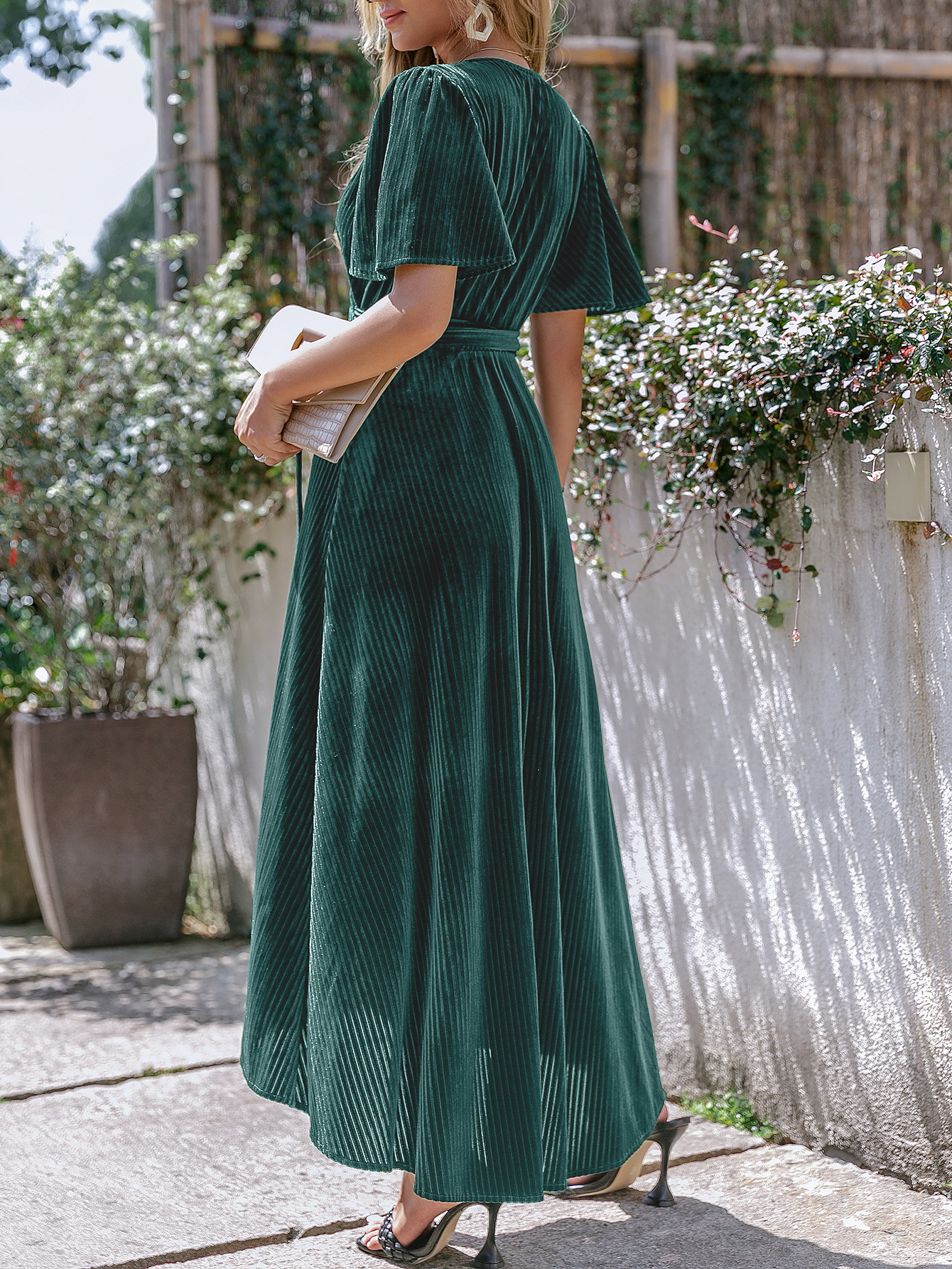 Velvet V-Neck Short Sleeve Belted Wrap Maxi Dress