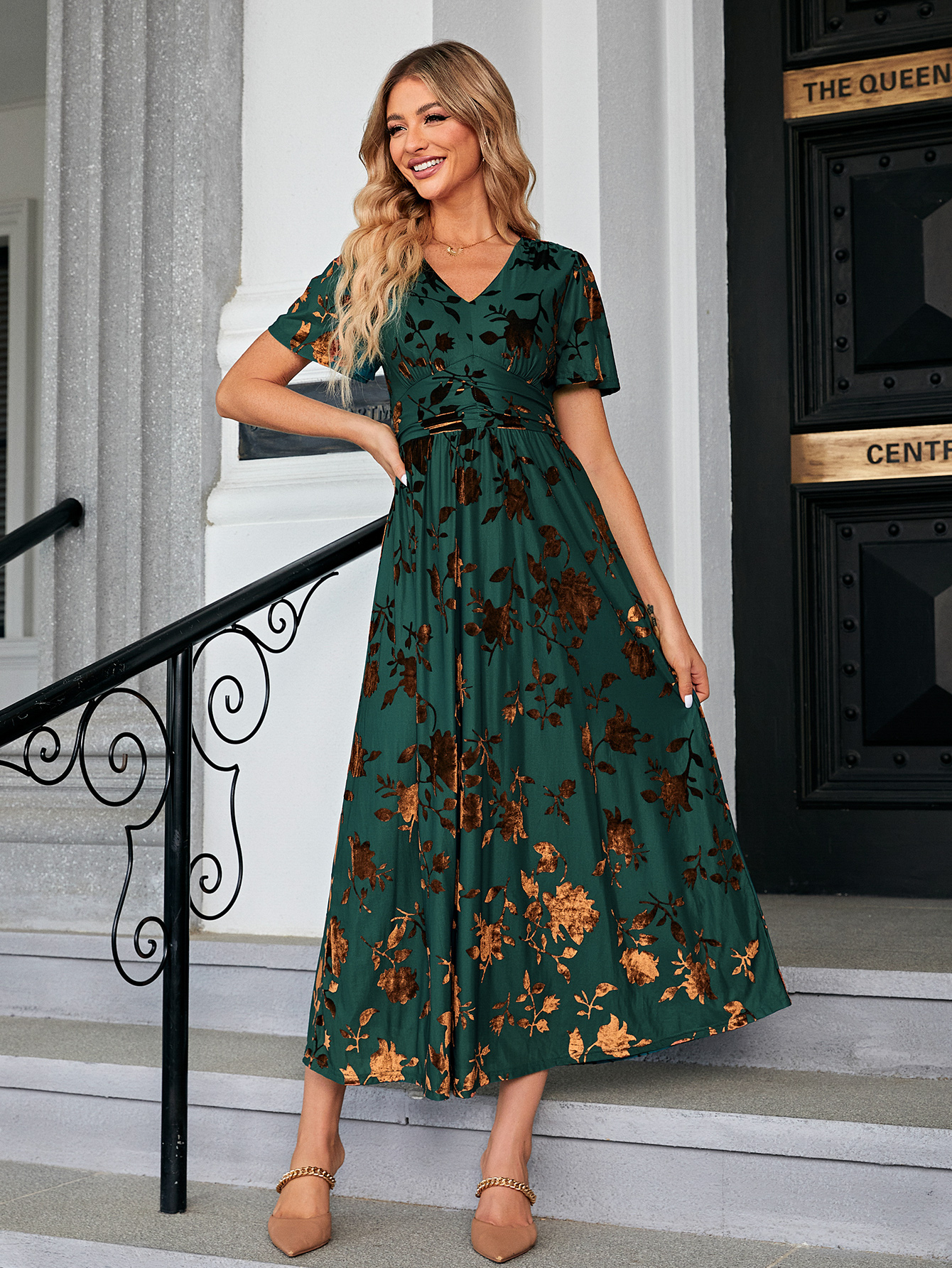 Velvet Burnout Floral V Neck Maxi Dress