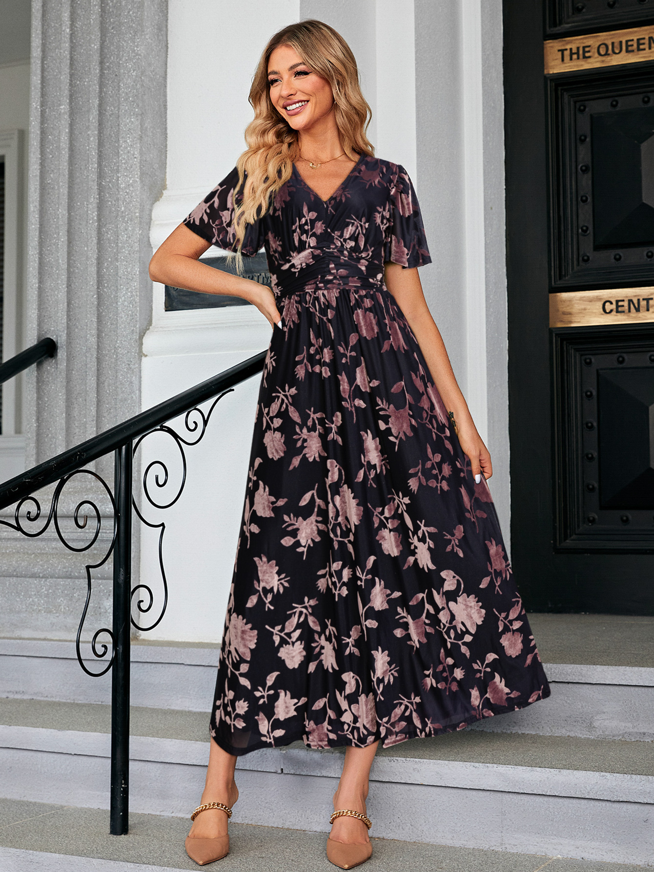 Velvet Burnout Floral V Neck Maxi Dress
