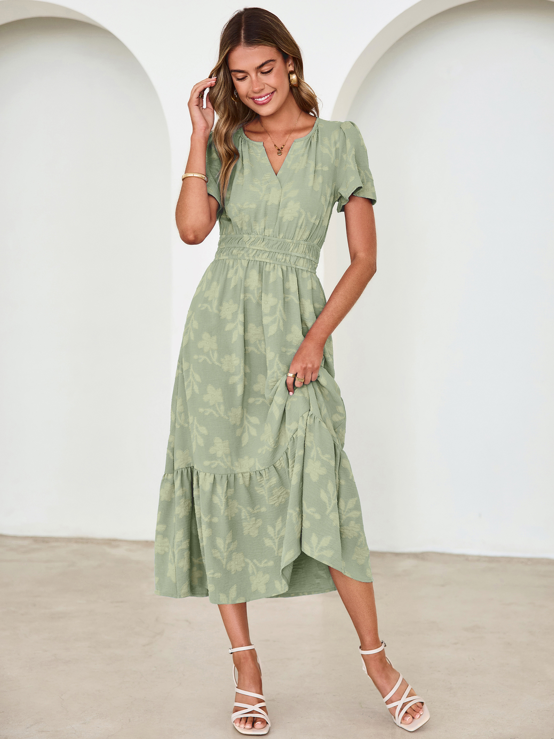 V Neck Burnout Floral Ruffle Maxi Dress - Sage Green