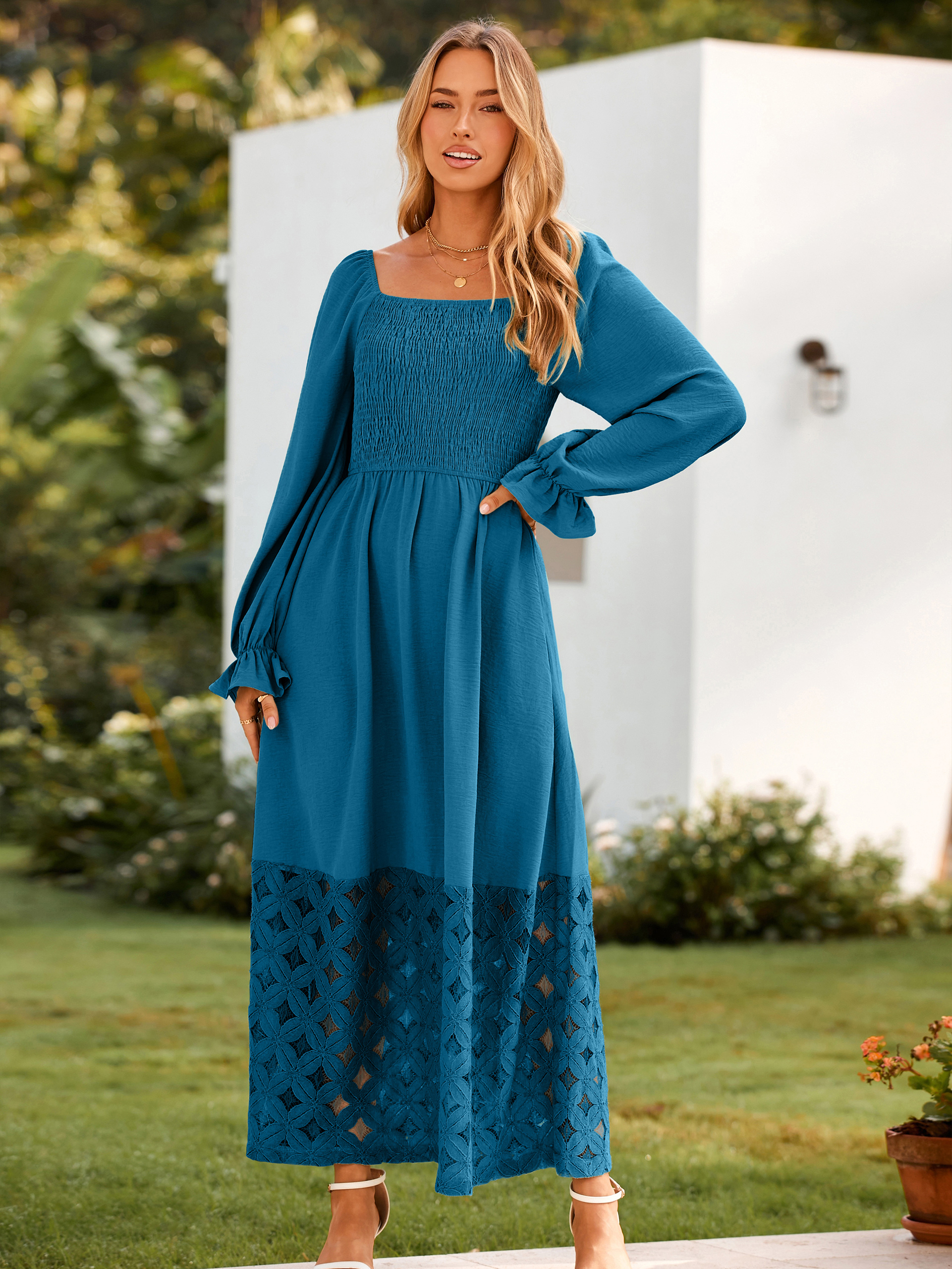 Boho Flowy Square Neck Wedding Guest Maxi Dress