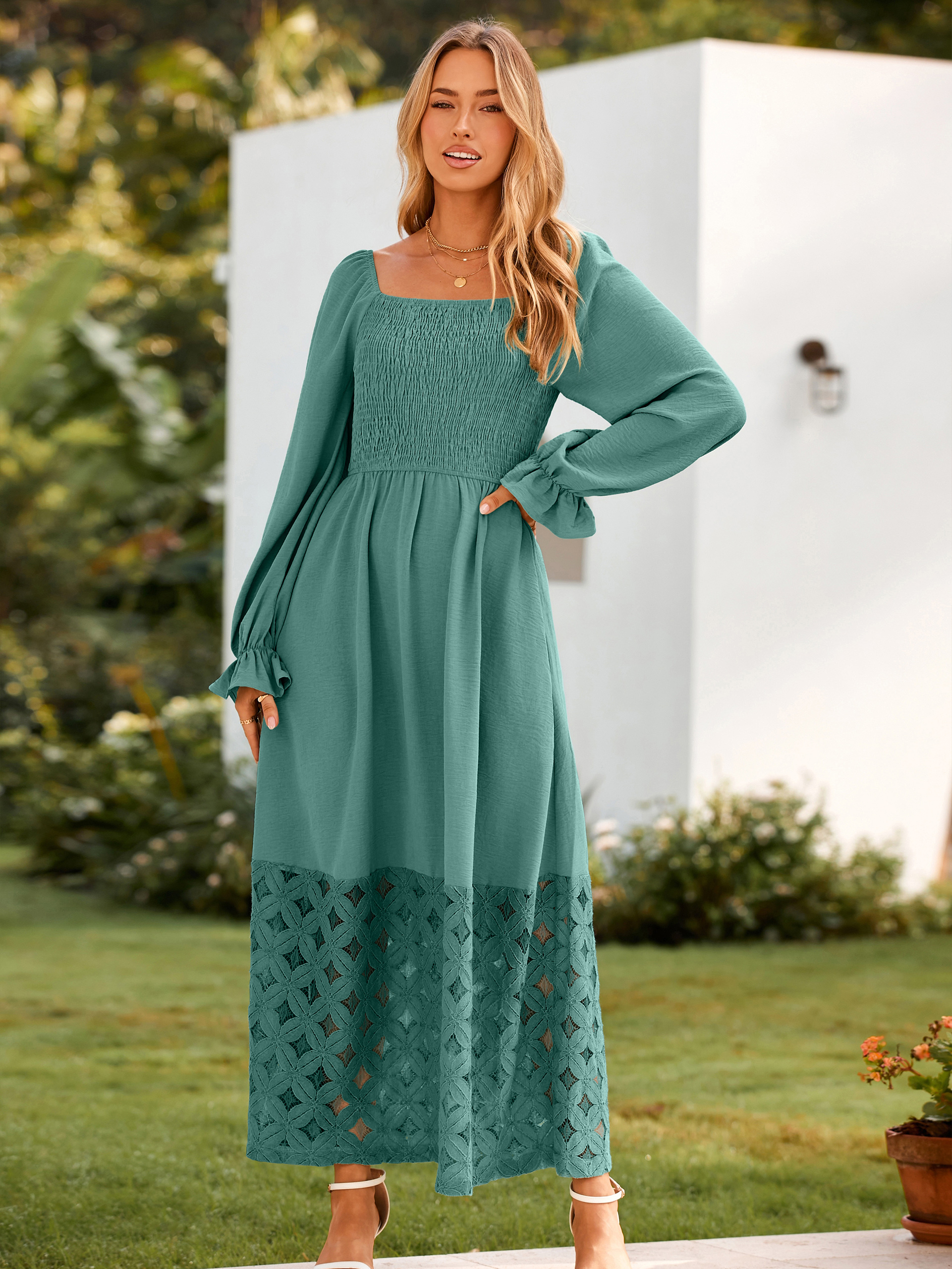 Boho Flowy Square Neck Wedding Guest Maxi Dress