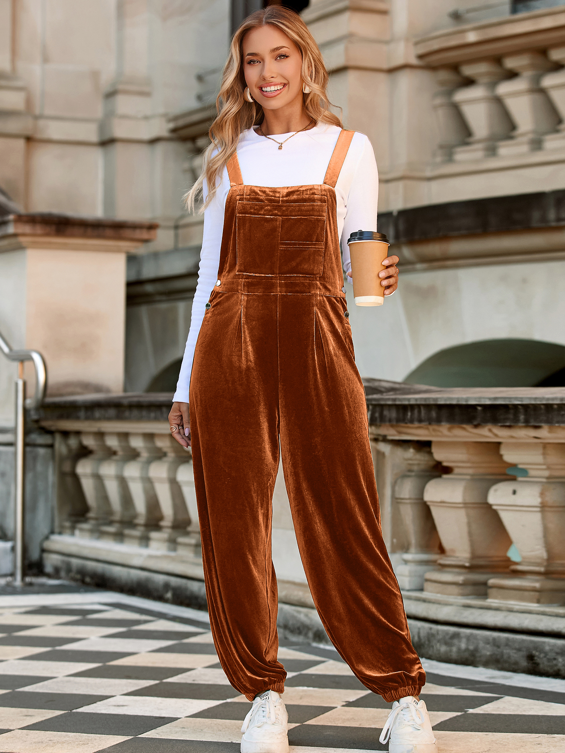 Velvet Loose Fit Adjustable Straps Jumpsuit - Orange