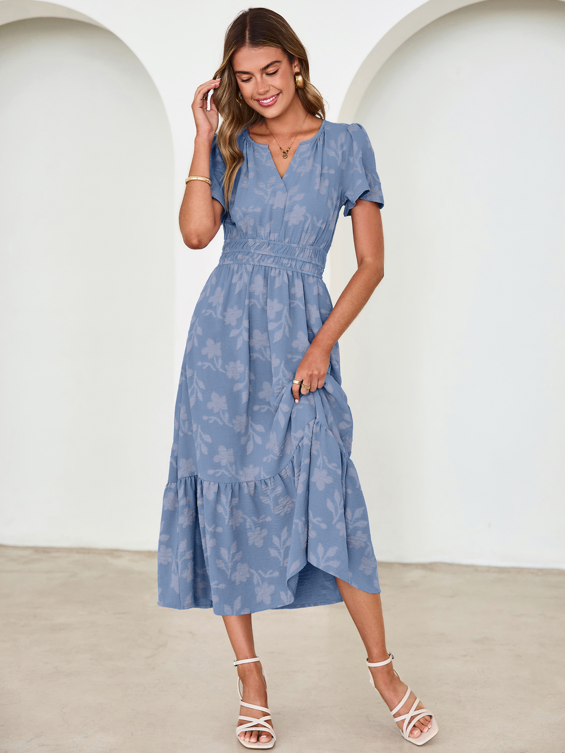 V Neck Burnout Floral Ruffle Maxi Dress