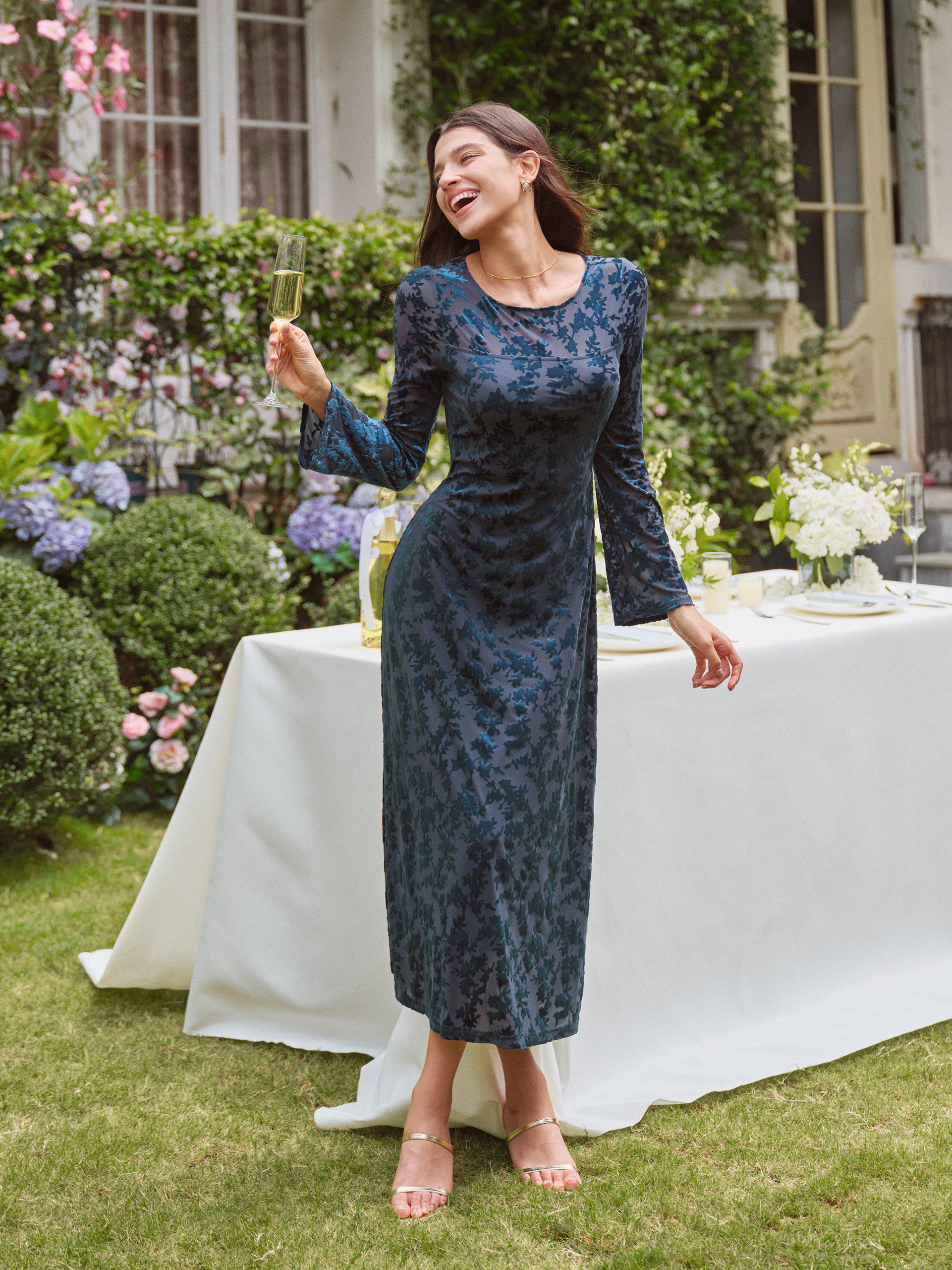 Floral Burnout Velvet Mesh Long Sleeve Maxi Dress