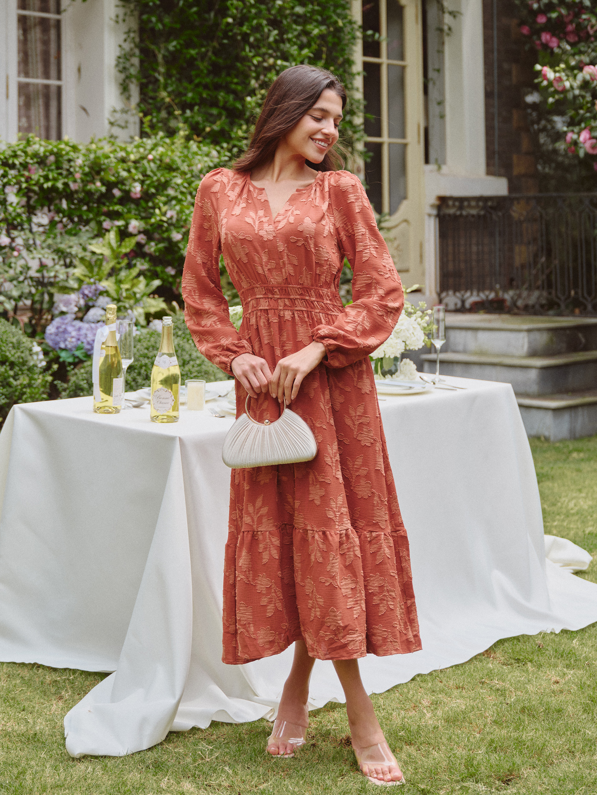 Floral Burnout V Neck Long Sleeve Maxi Dress