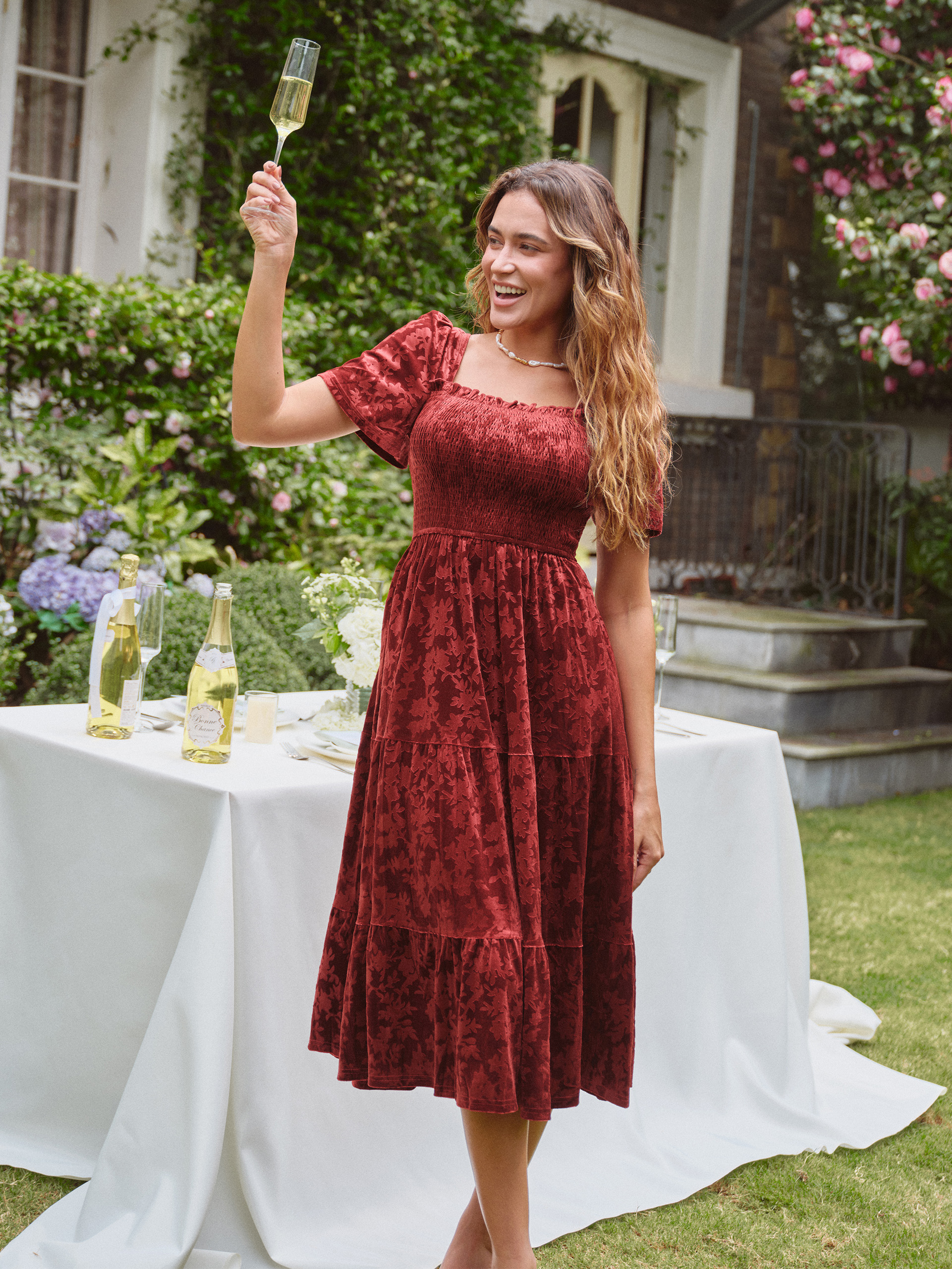 Square Neck Smocked Velvet Short Sleeve Maxi Dress