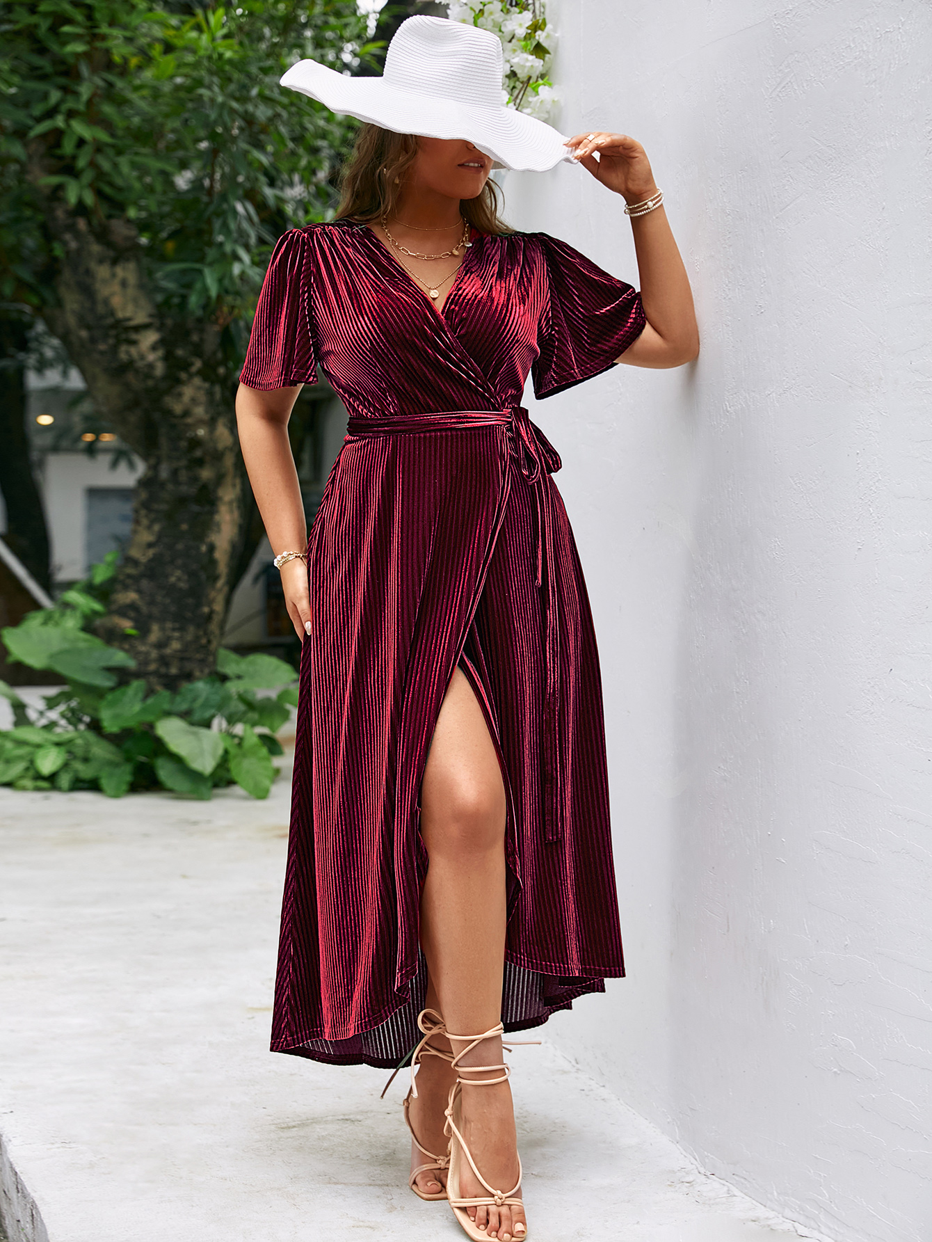 Plus Size Velvet V Neck Short Sleeve Wrap Maxi Dress