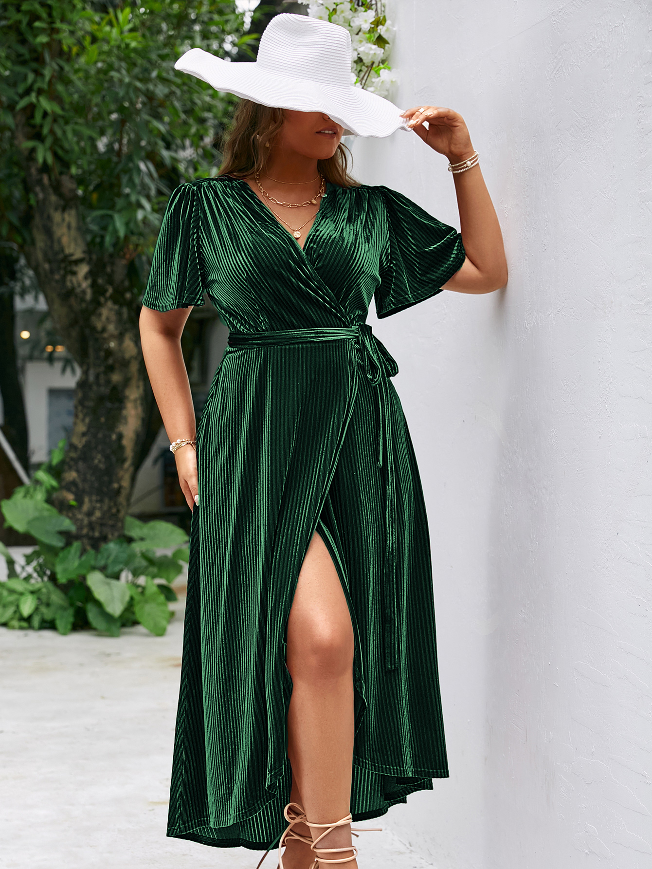 Plus Size Velvet V Neck Short Sleeve Wrap Maxi Dress